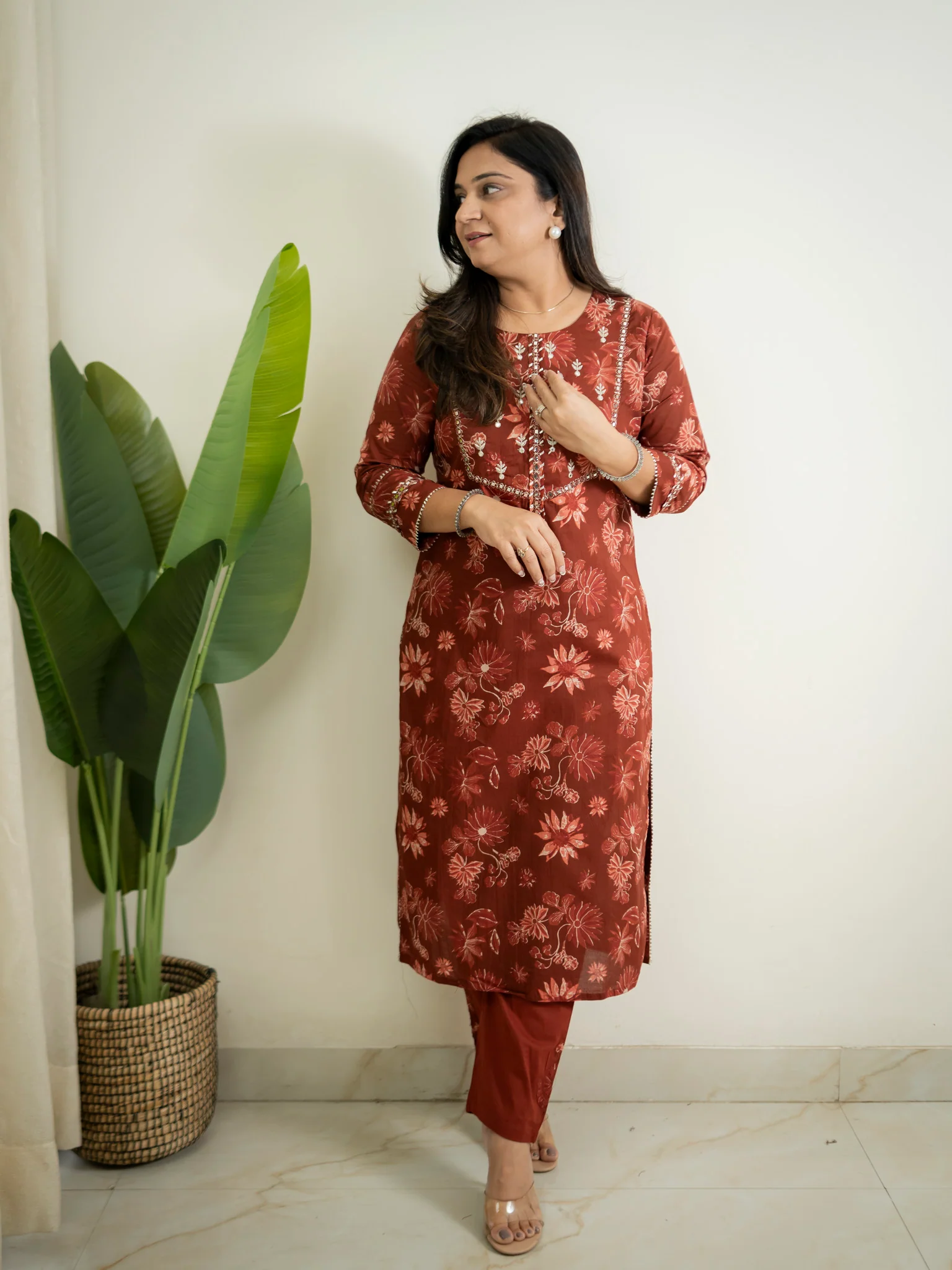 Latika Rust Cotton Applique Embroidered Casual Pant Set - Image 4
