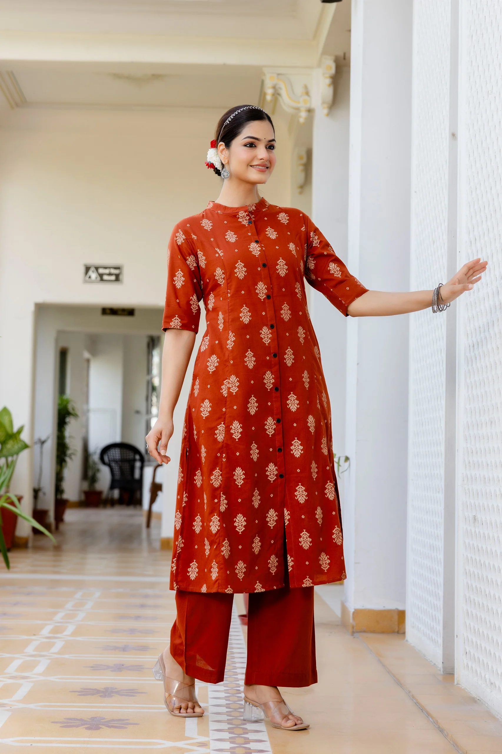 Rust Jamdani Cotton A-line Coord Set - Image 3