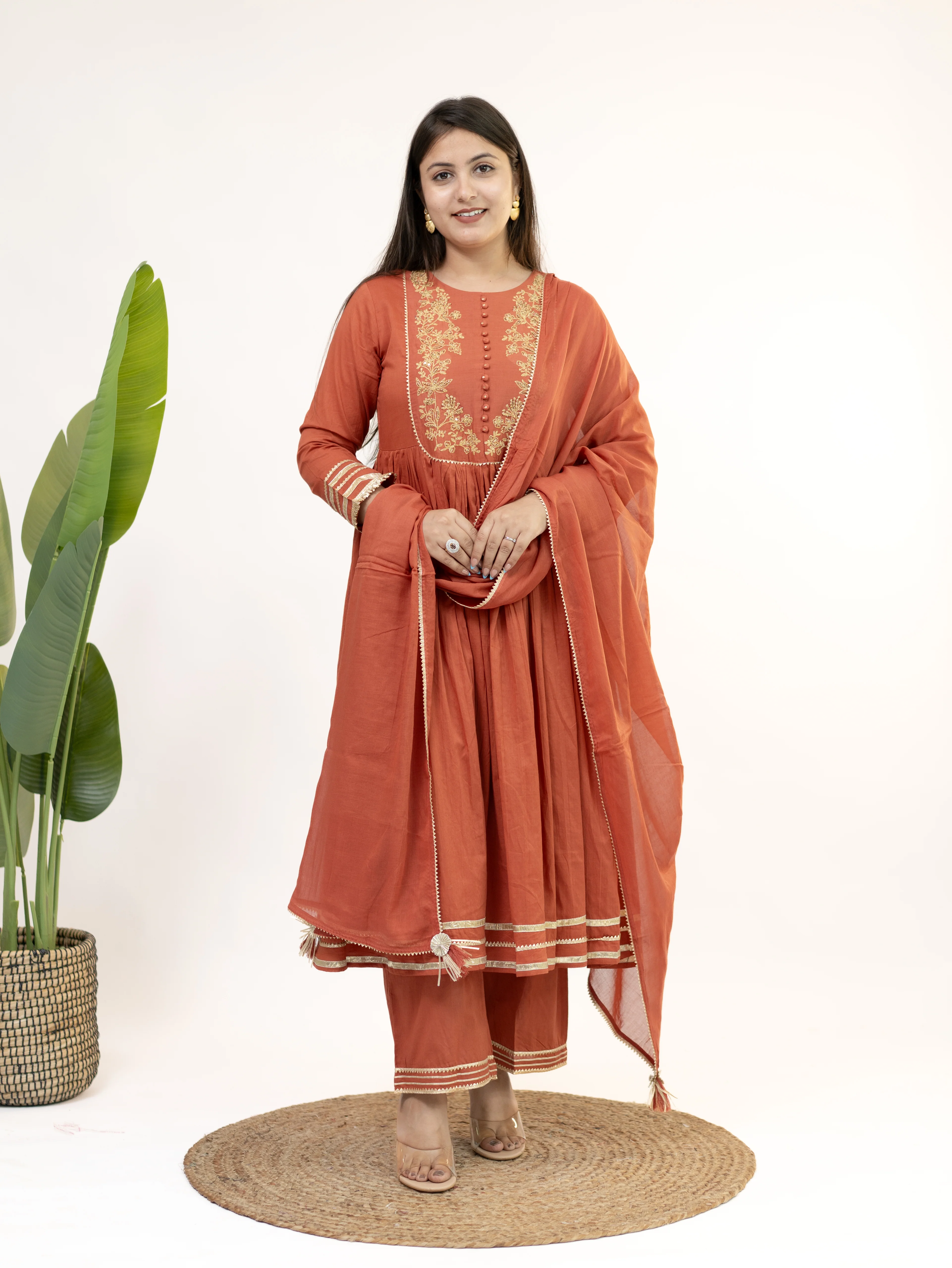 Aarya Rust Mul Cotton Embroidered Gotta Detailed Dupatta Set - Image 3