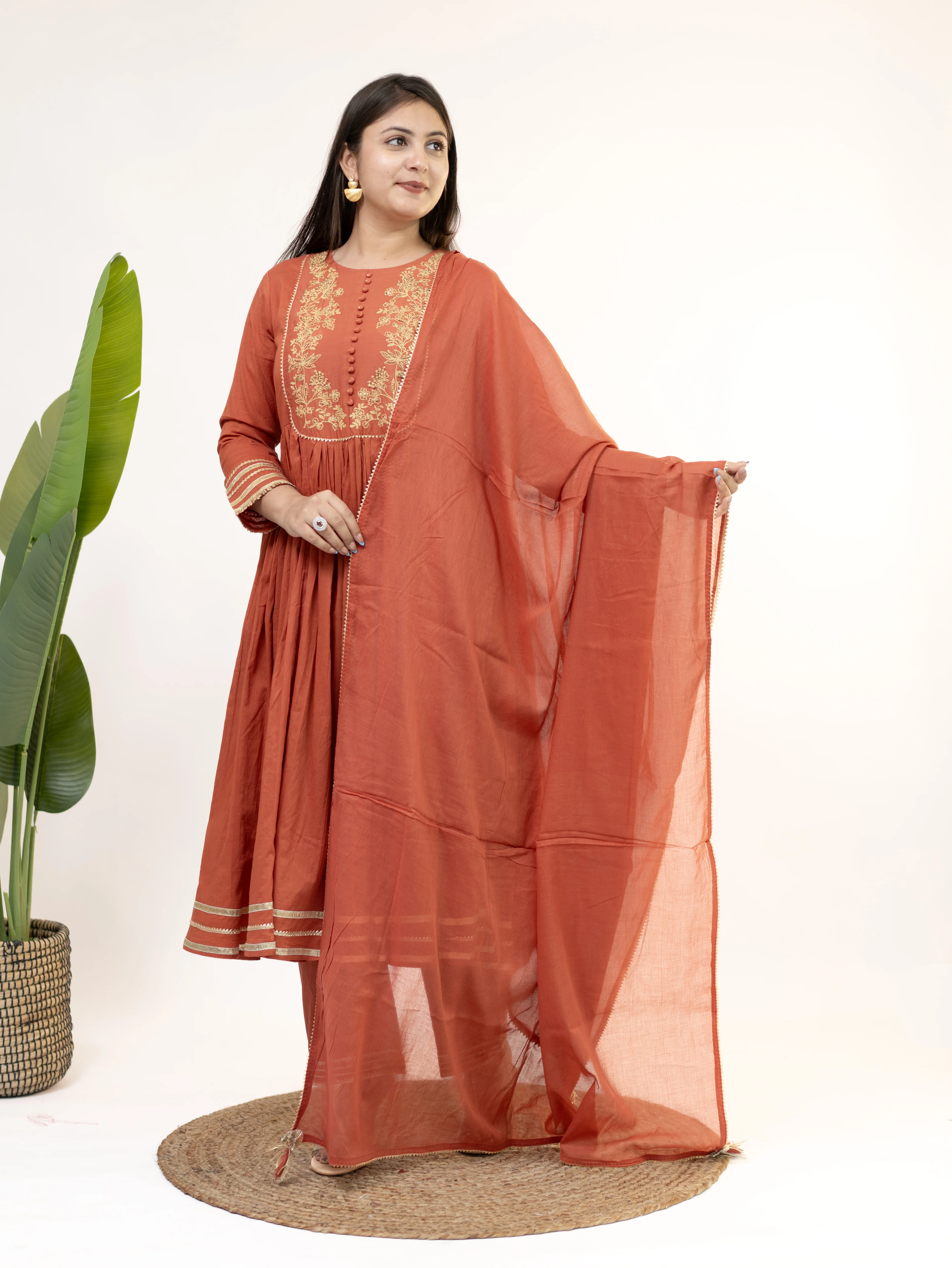 Aarya Rust Mul Cotton Embroidered Gotta Detailed Dupatta Set - Image 4