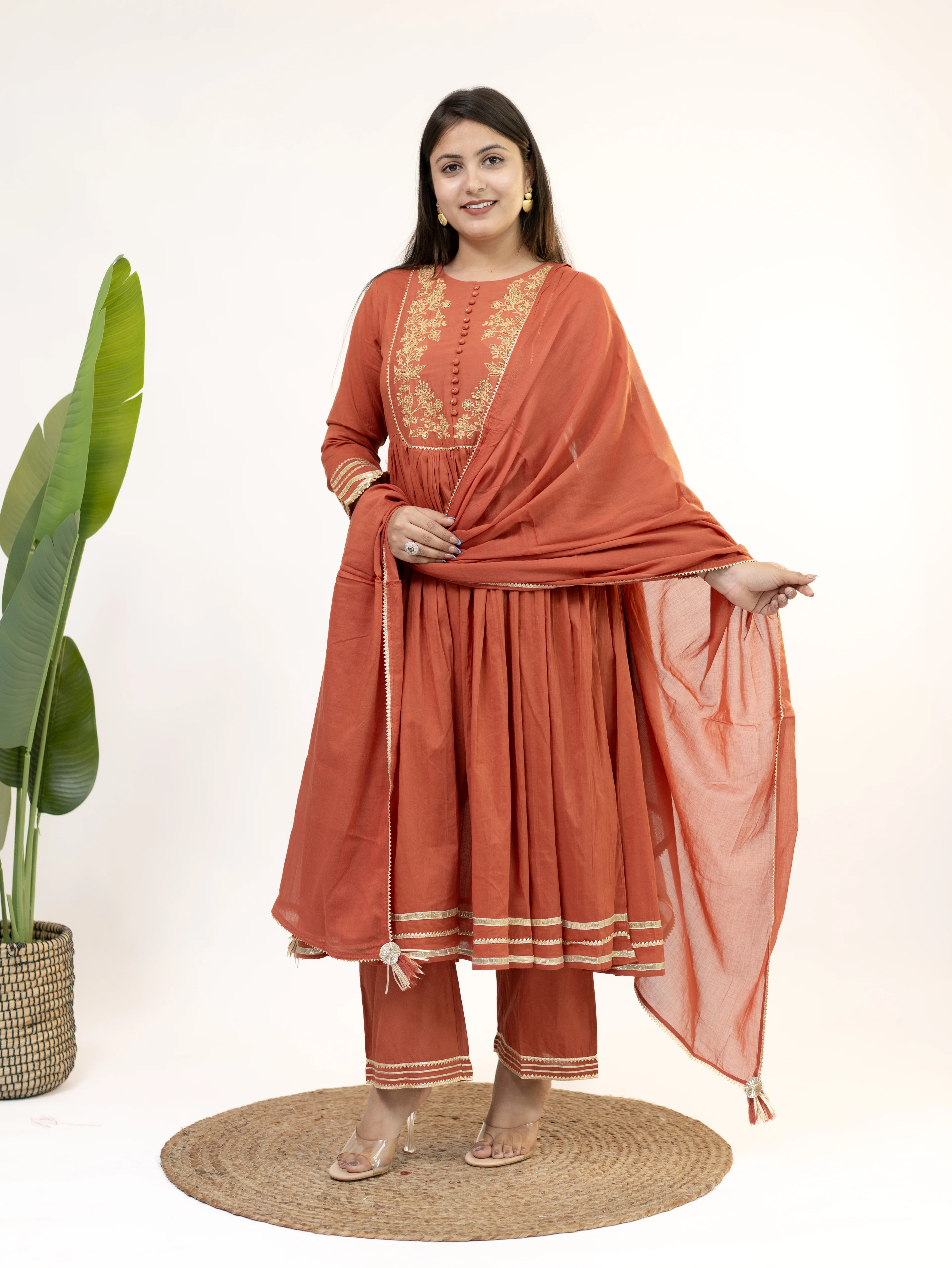 Aarya Rust Mul Cotton Embroidered Gotta Detailed Dupatta Set - Image 5