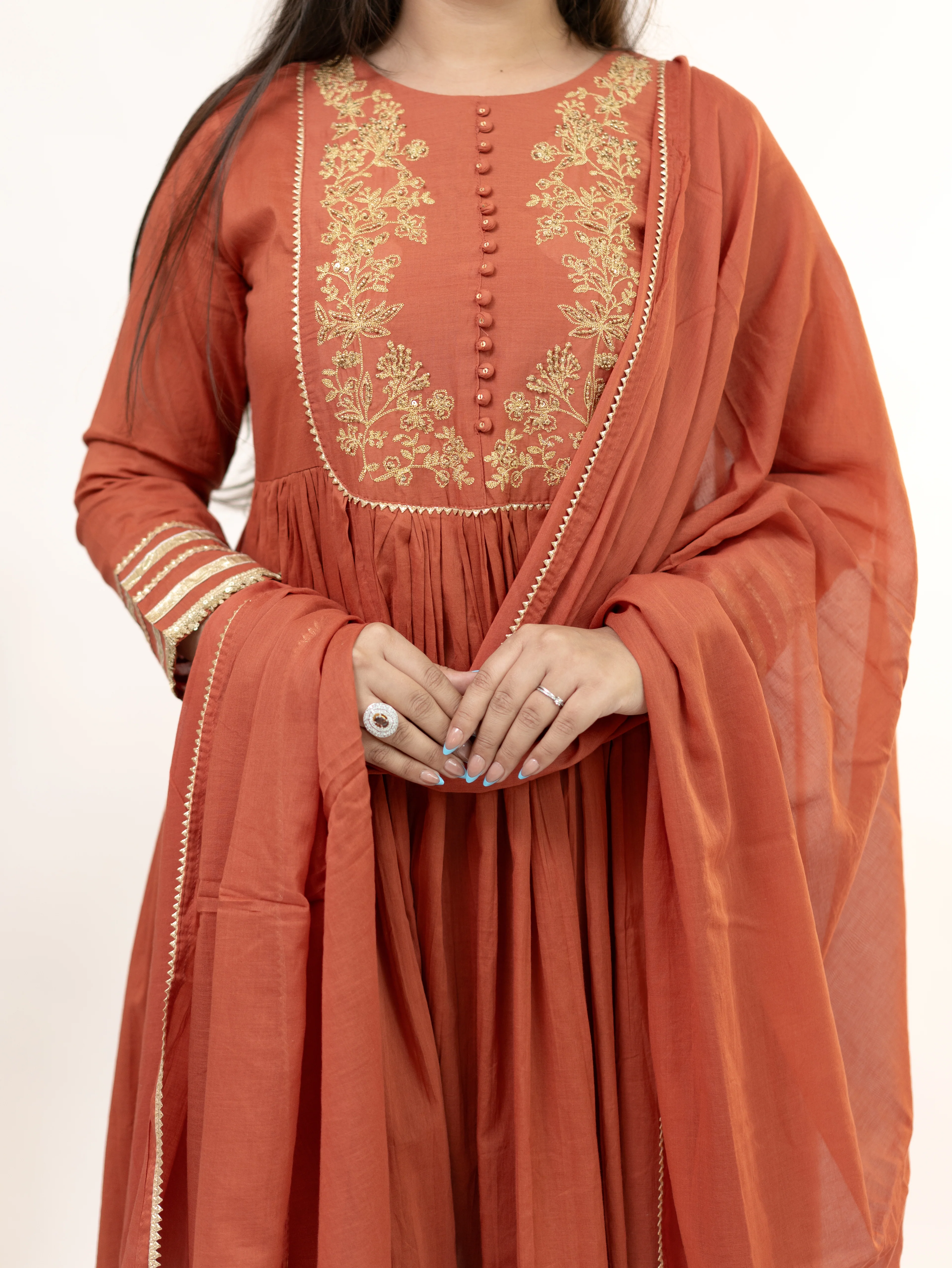 Aarya Rust Mul Cotton Embroidered Gotta Detailed Dupatta Set - Image 8