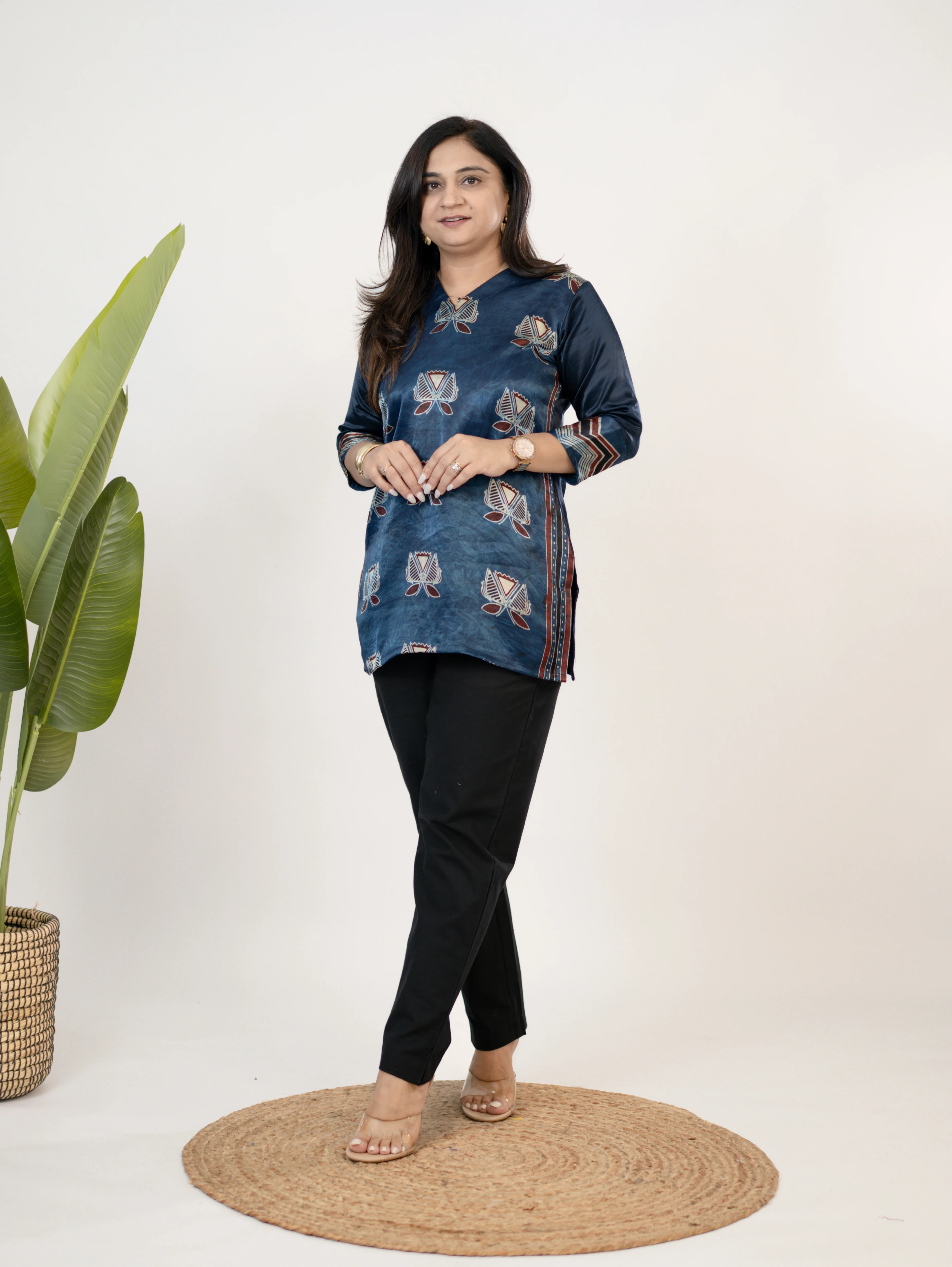 Saavi Blue Designer Mashru Silk Ajrakh Short Top - Image 3