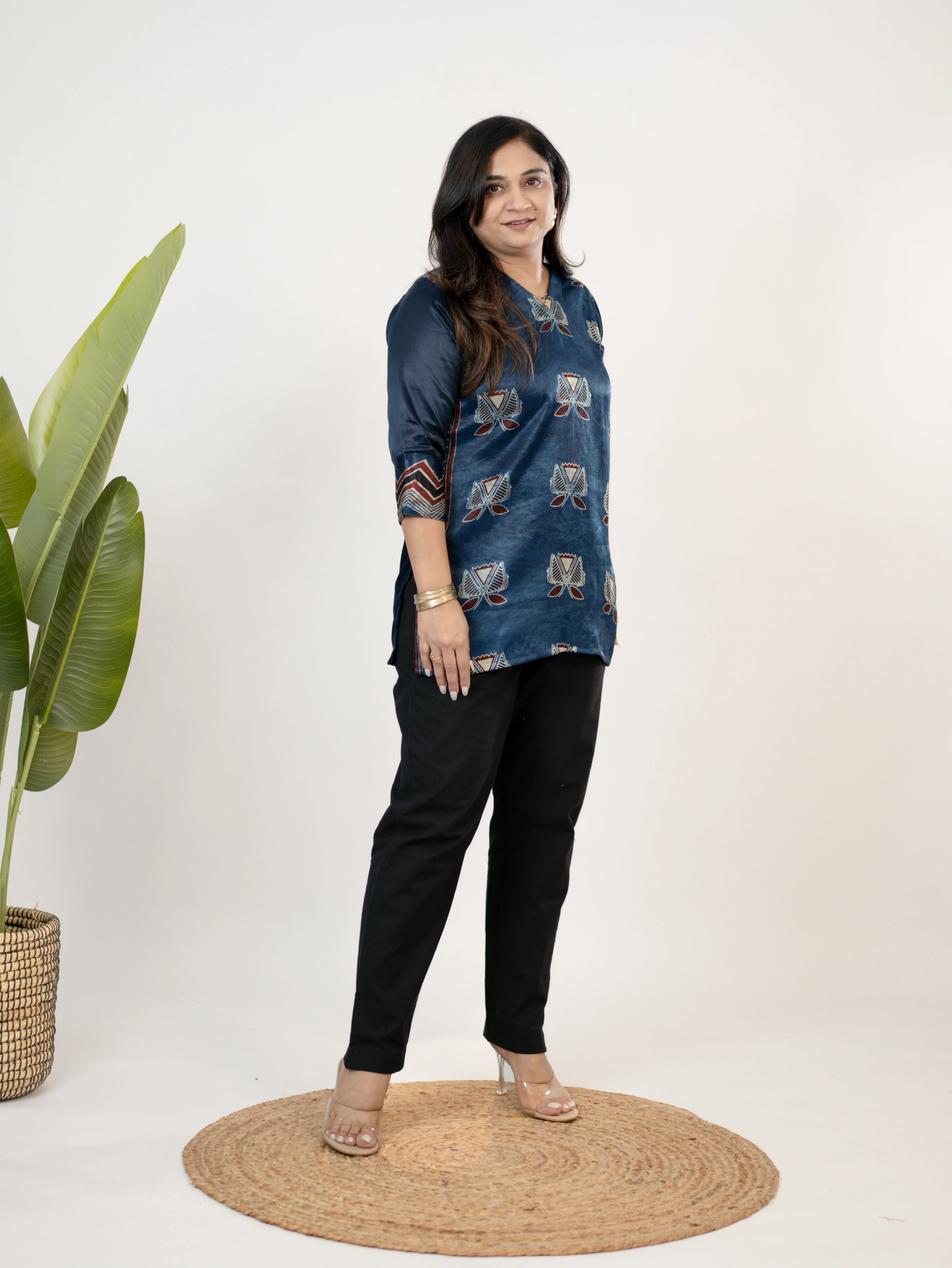 Saavi Blue Designer Mashru Silk Ajrakh Short Top - Image 4