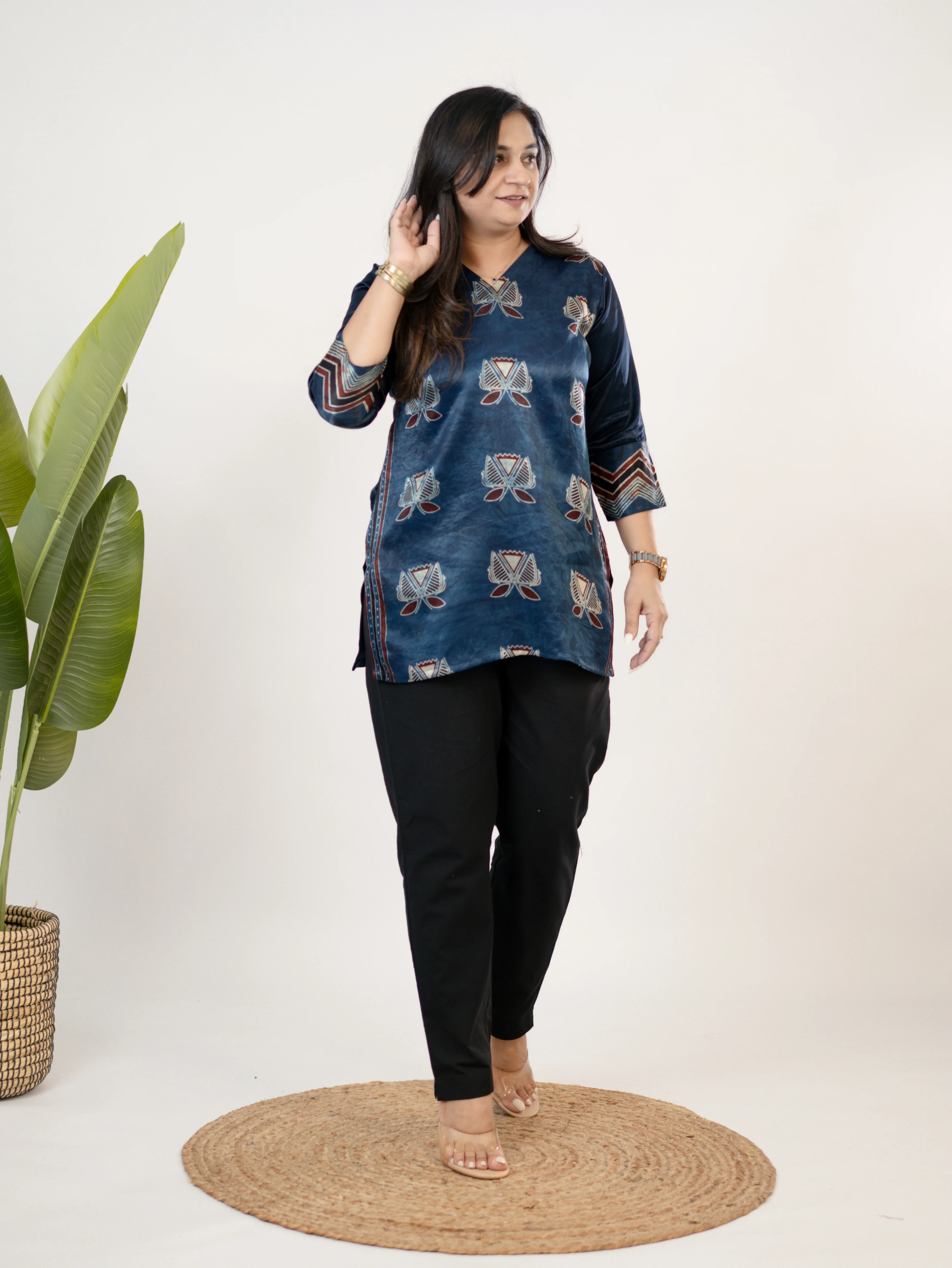 Saavi Blue Designer Mashru Silk Ajrakh Short Top - Image 5