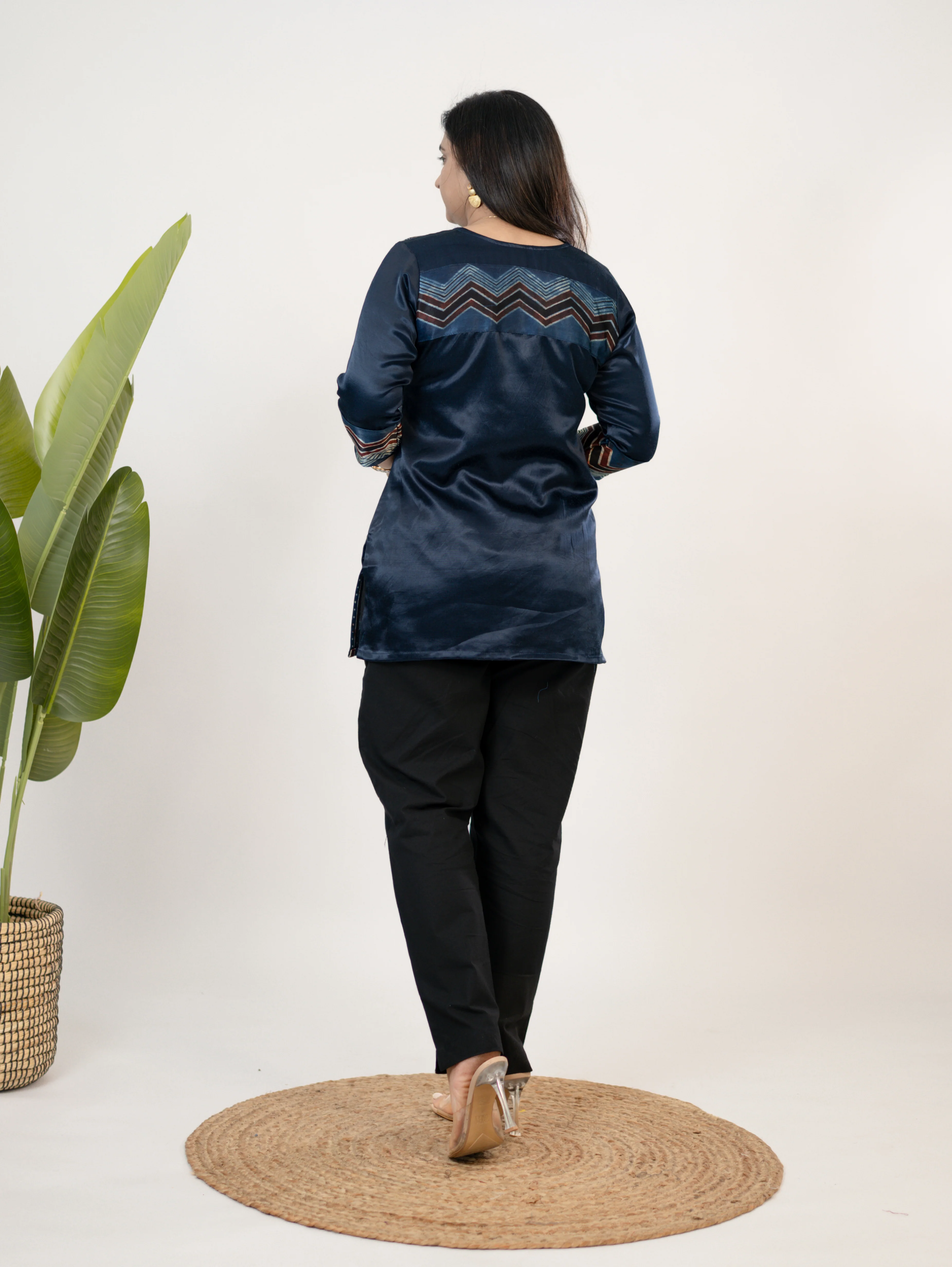 Saavi Blue Designer Mashru Silk Ajrakh Short Top - Image 6