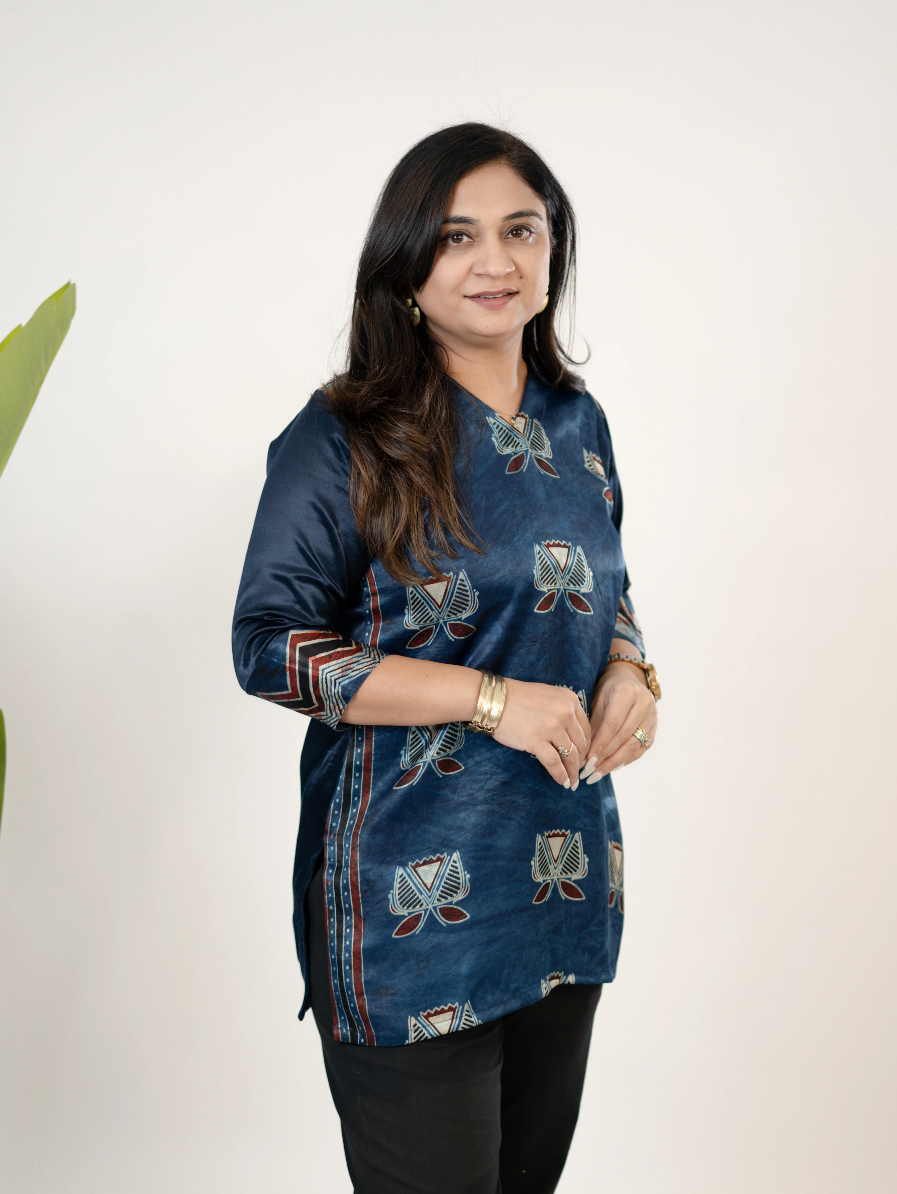 Saavi Blue Designer Mashru Silk Ajrakh Short Top - Image 7