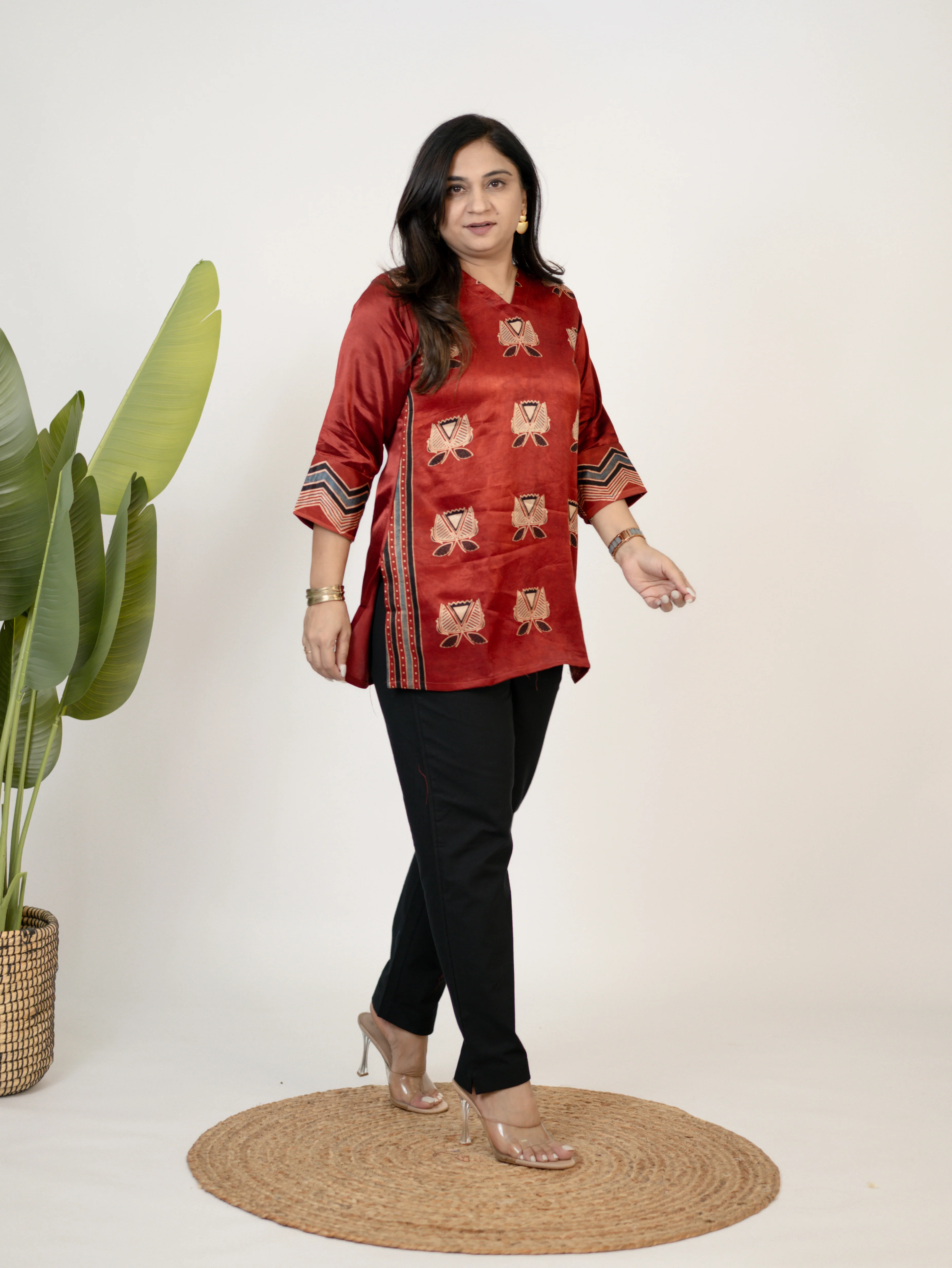 Saavi Red Designer Mashru Silk Ajrakh Short Top - Image 3