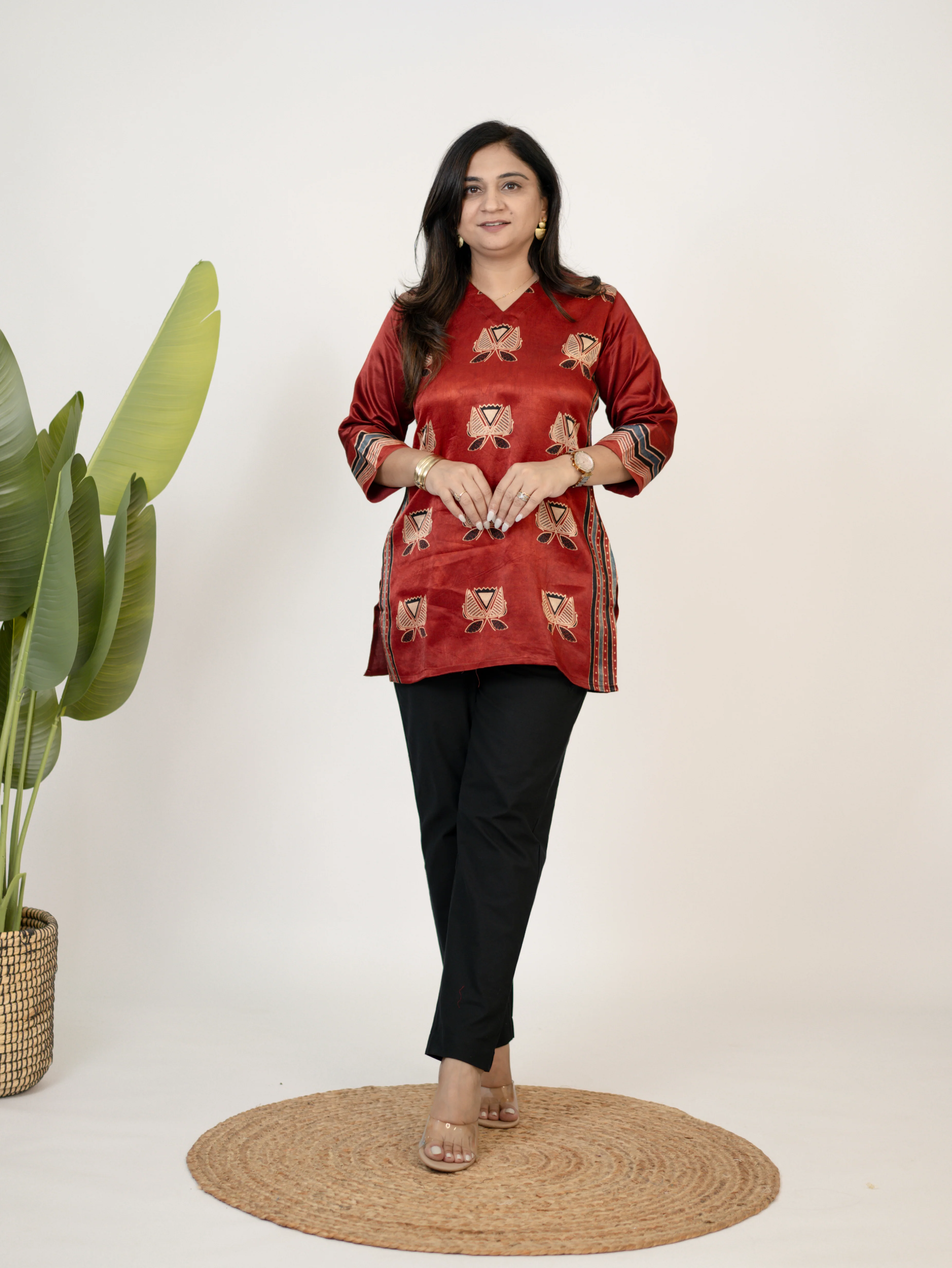 Saavi Red Designer Mashru Silk Ajrakh Short Top - Image 4