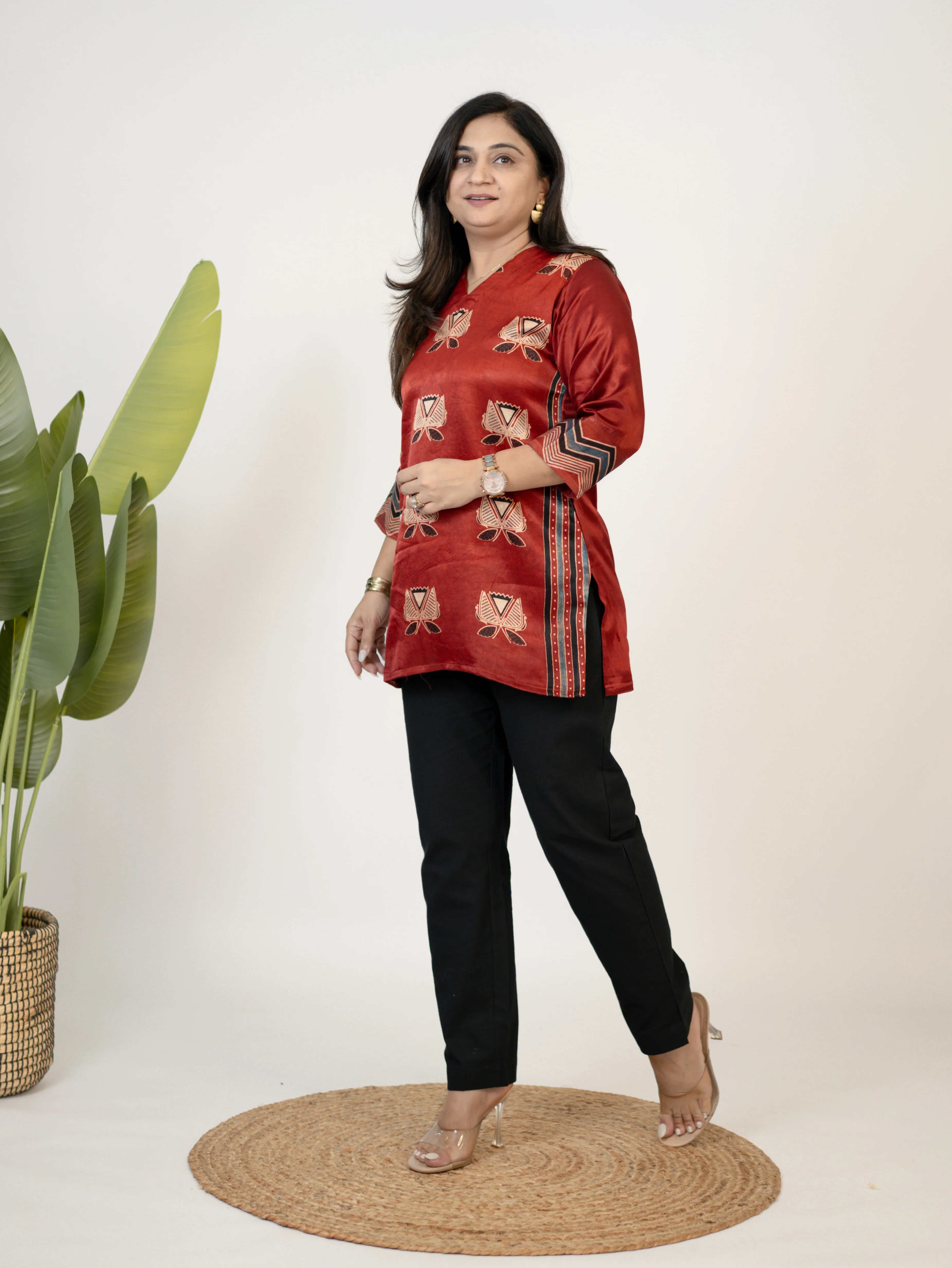 Saavi Red Designer Mashru Silk Ajrakh Short Top - Image 5