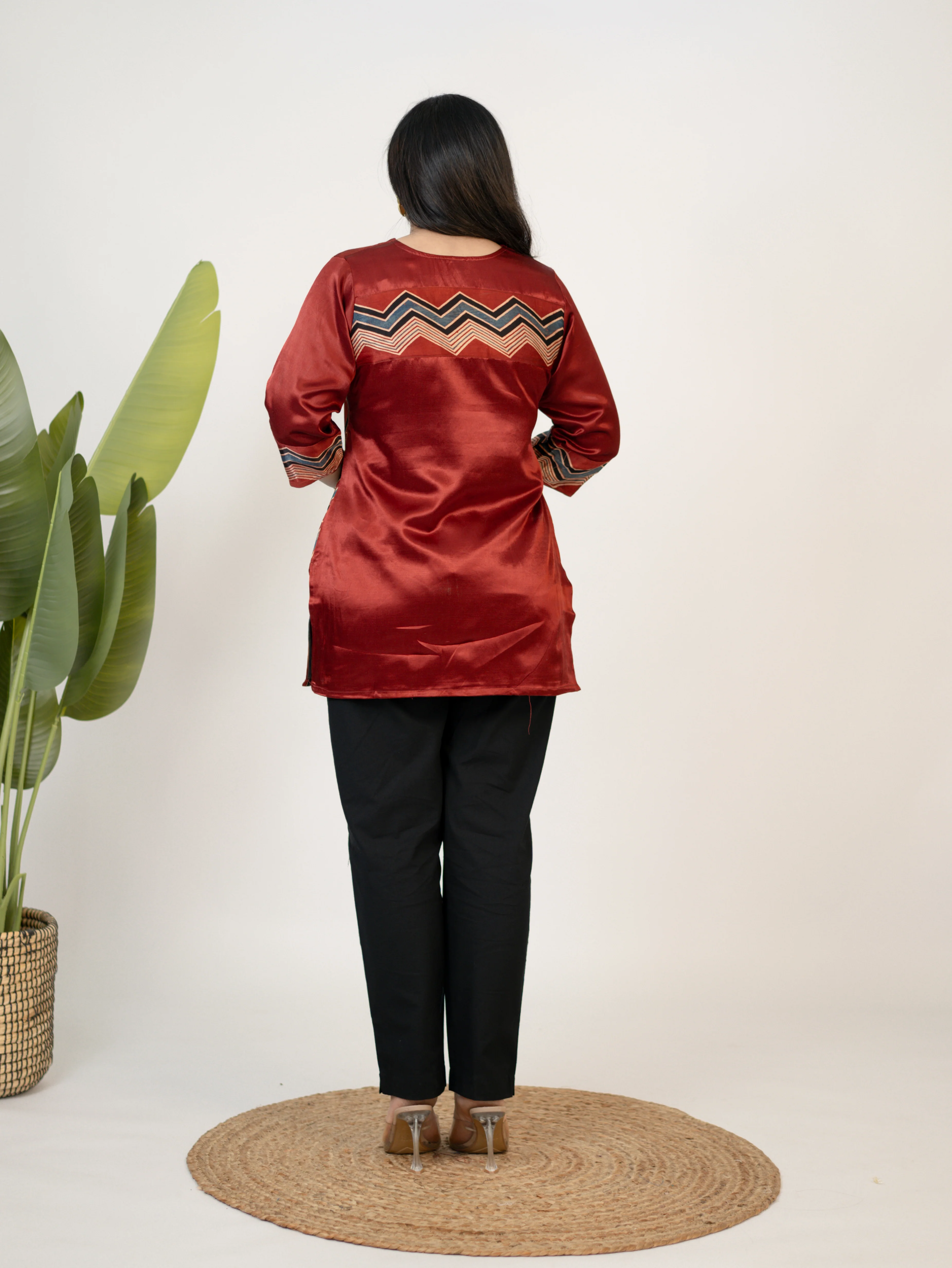 Saavi Red Designer Mashru Silk Ajrakh Short Top - Image 6
