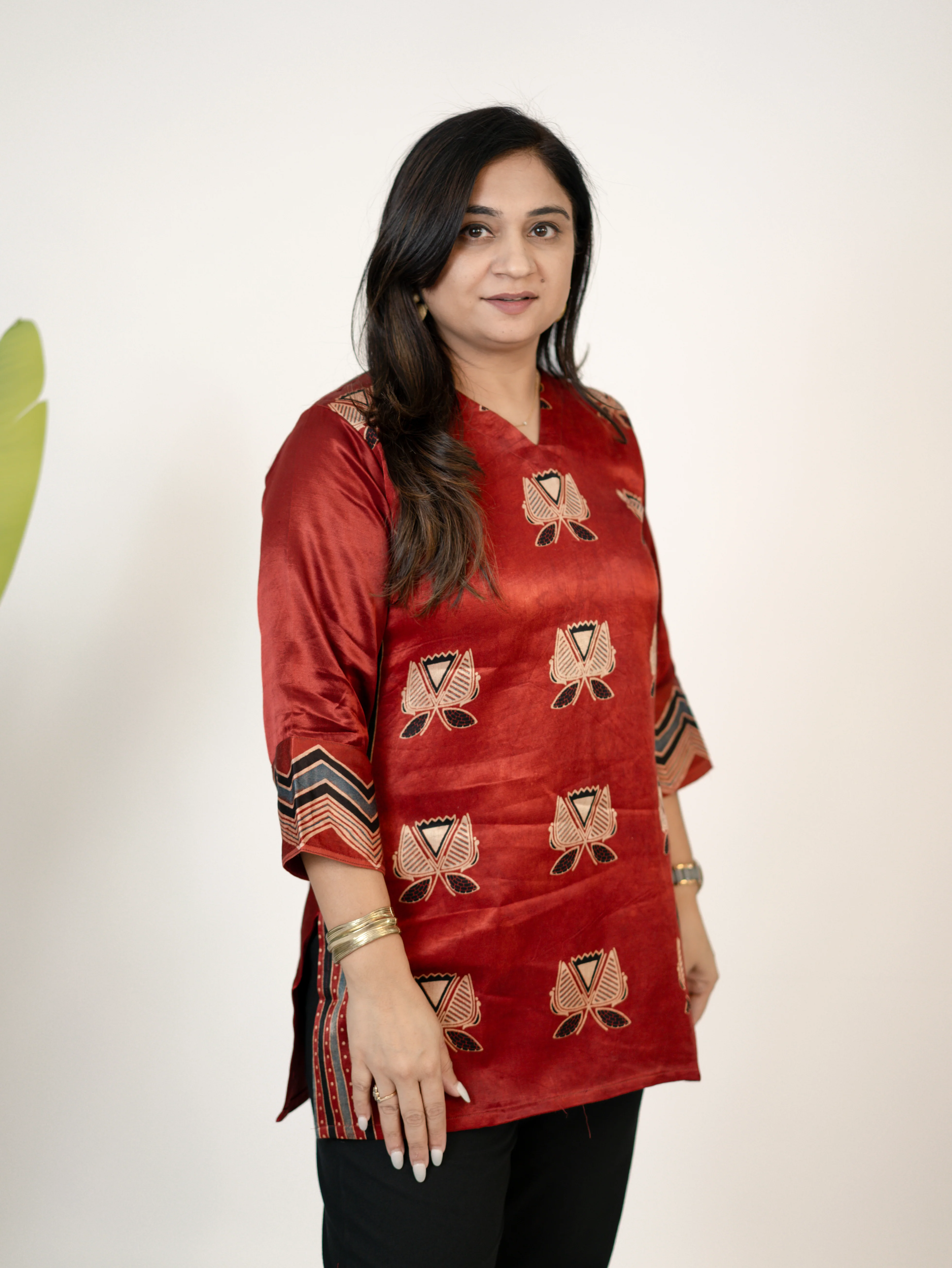 Saavi Red Designer Mashru Silk Ajrakh Short Top - Image 7