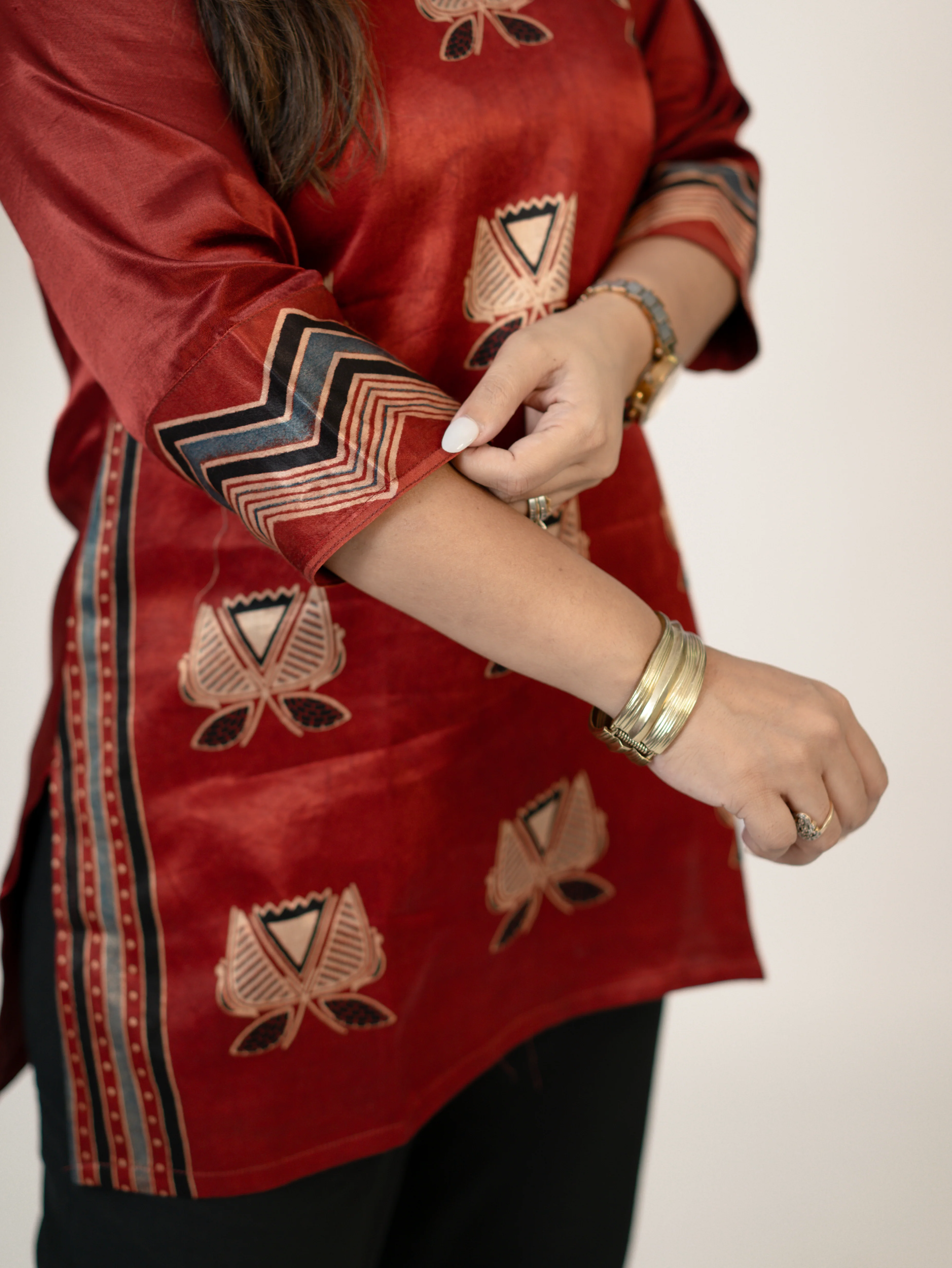 Saavi Red Designer Mashru Silk Ajrakh Short Top - Image 9