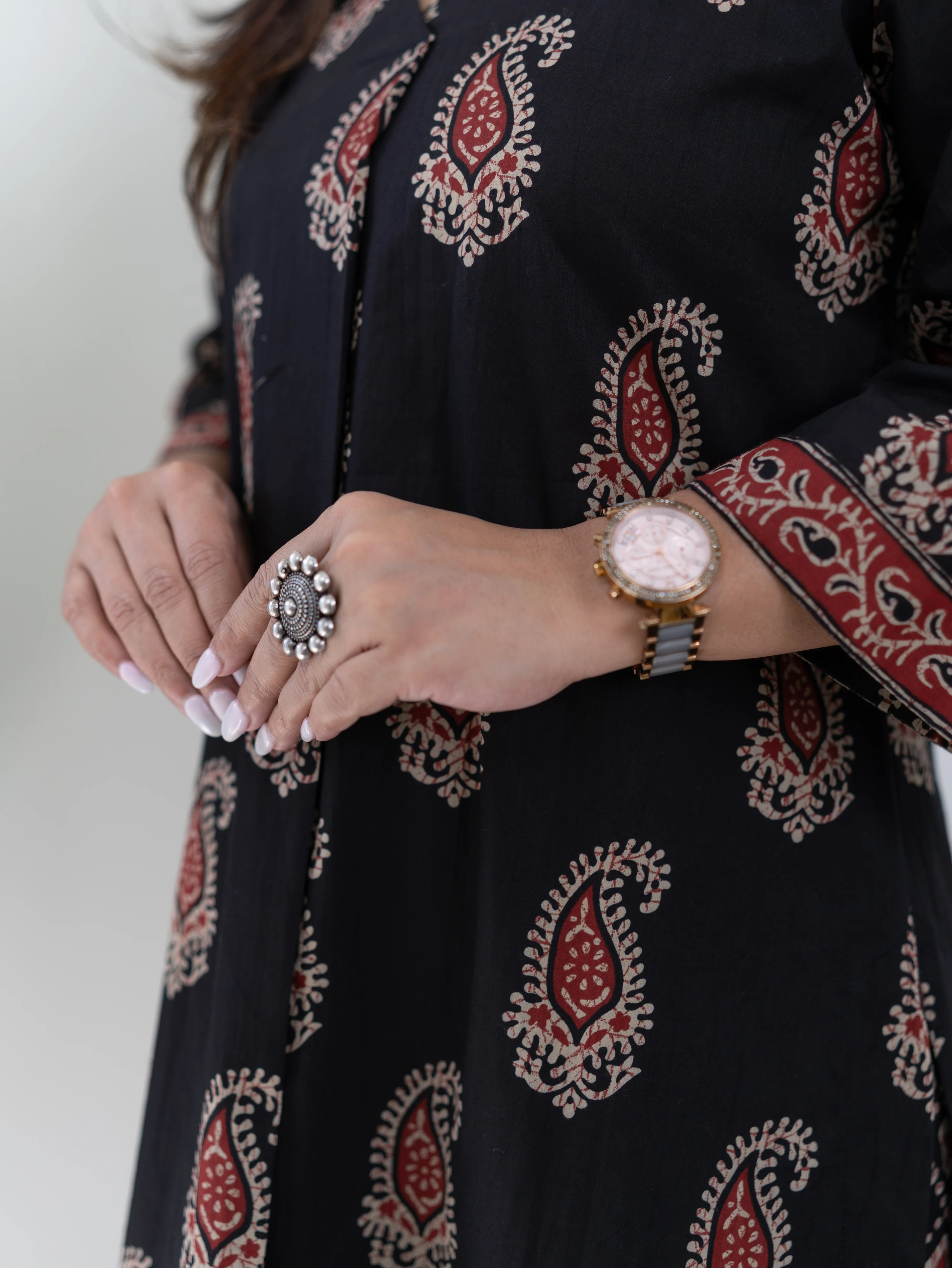 Sara Black Cotton Handblock A-line Kurta Set - Image 10