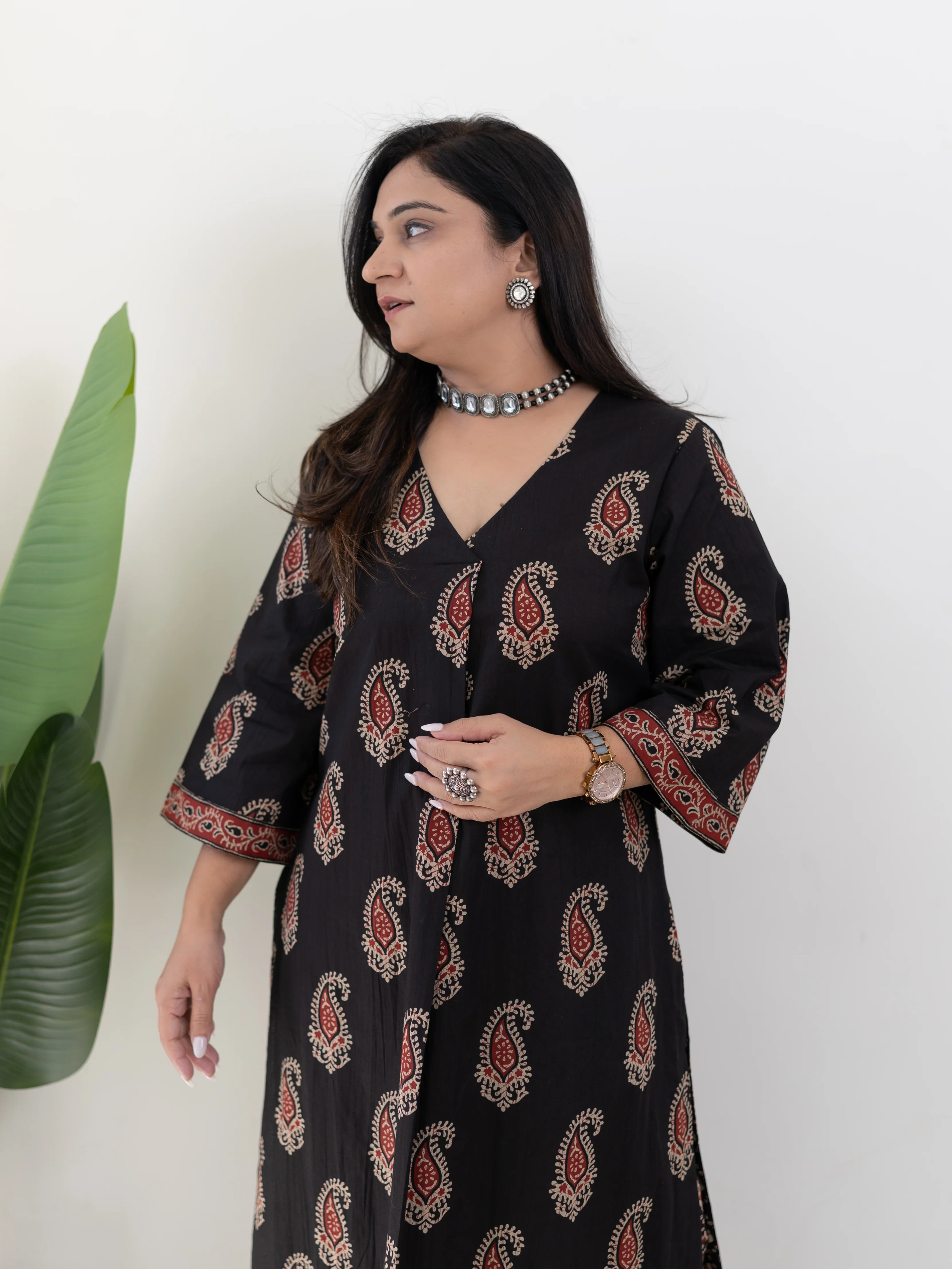 Sara Black Cotton Handblock A-line Kurta Set - Image 3