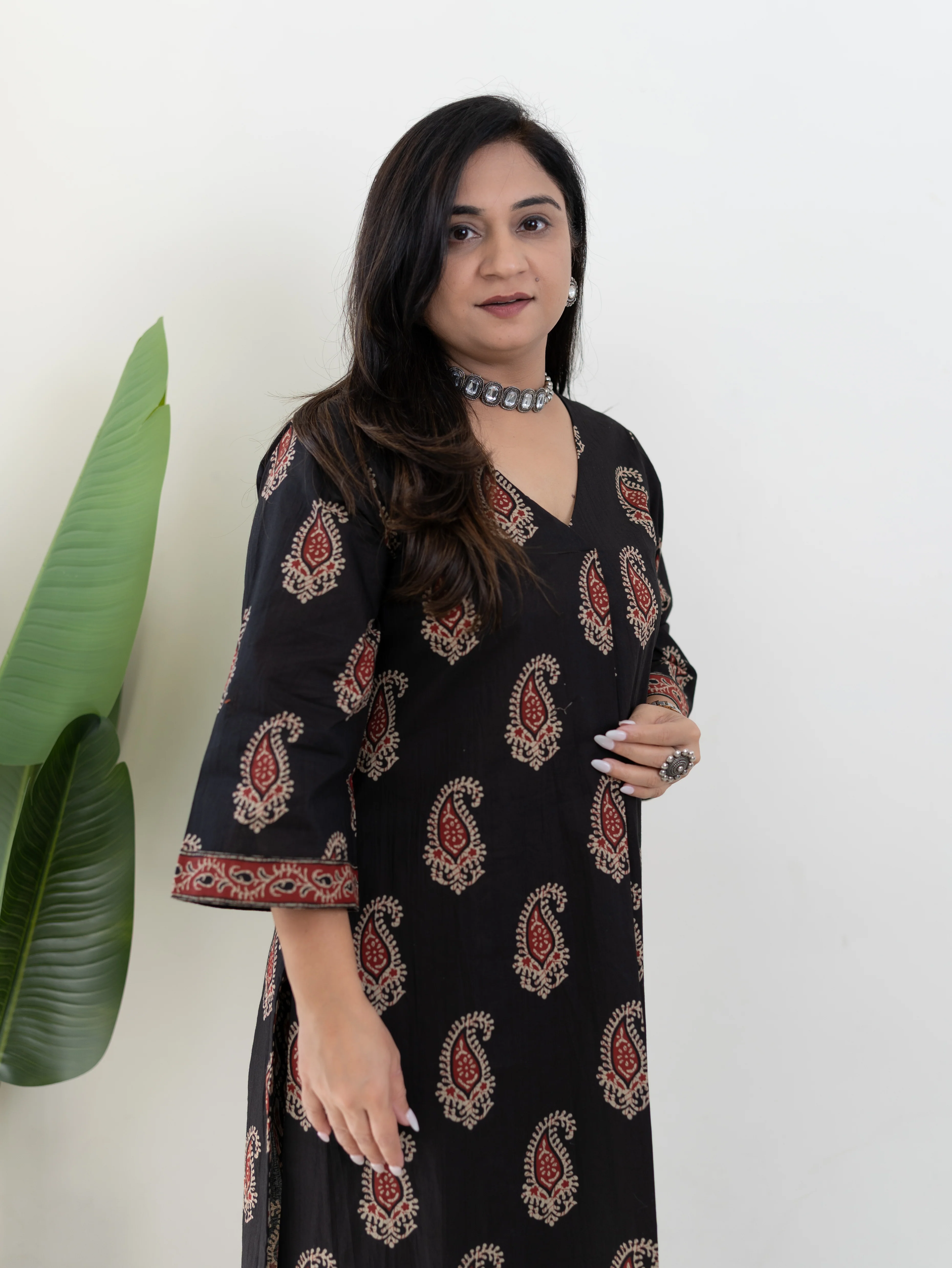 Sara Black Cotton Handblock A-line Kurta Set - Image 4