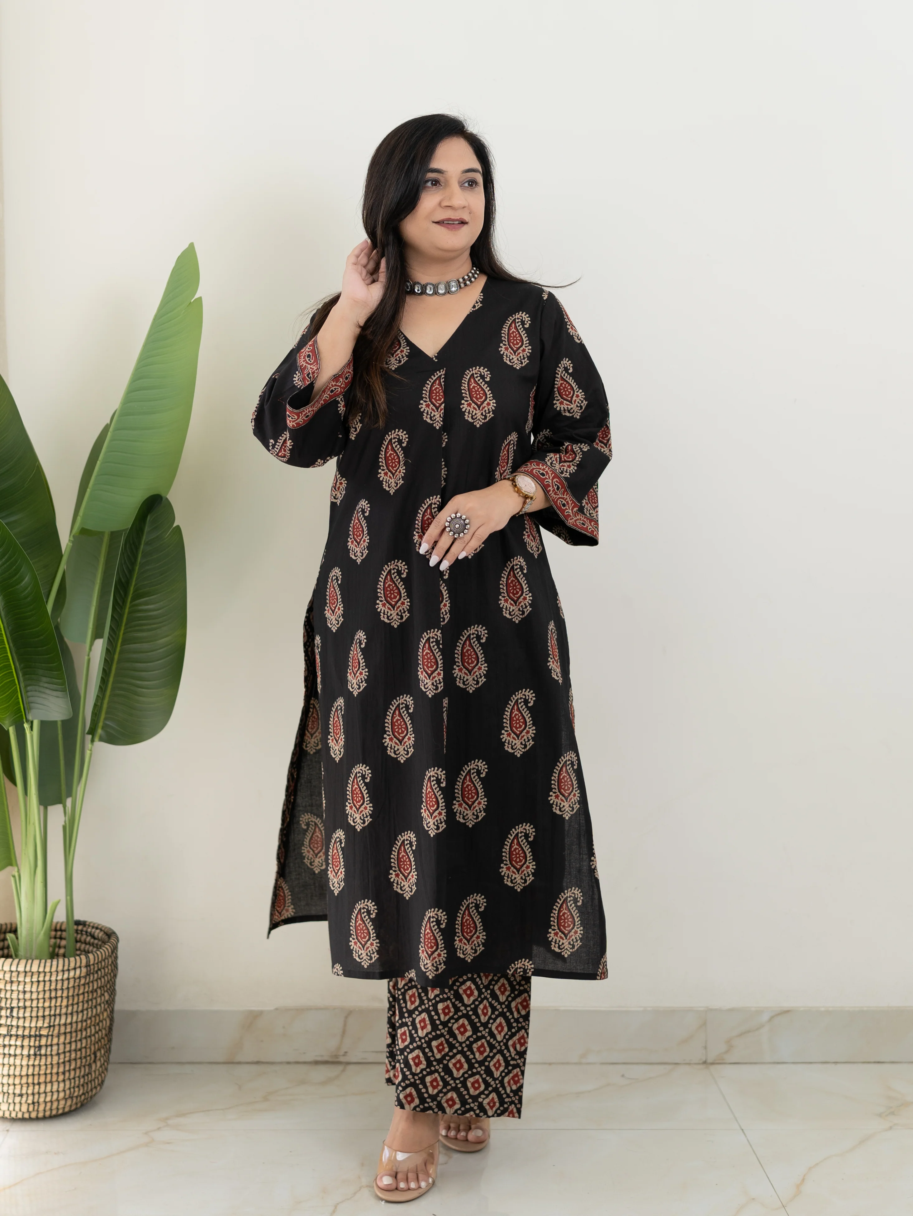 Sara Black Cotton Handblock A-line Kurta Set - Image 5