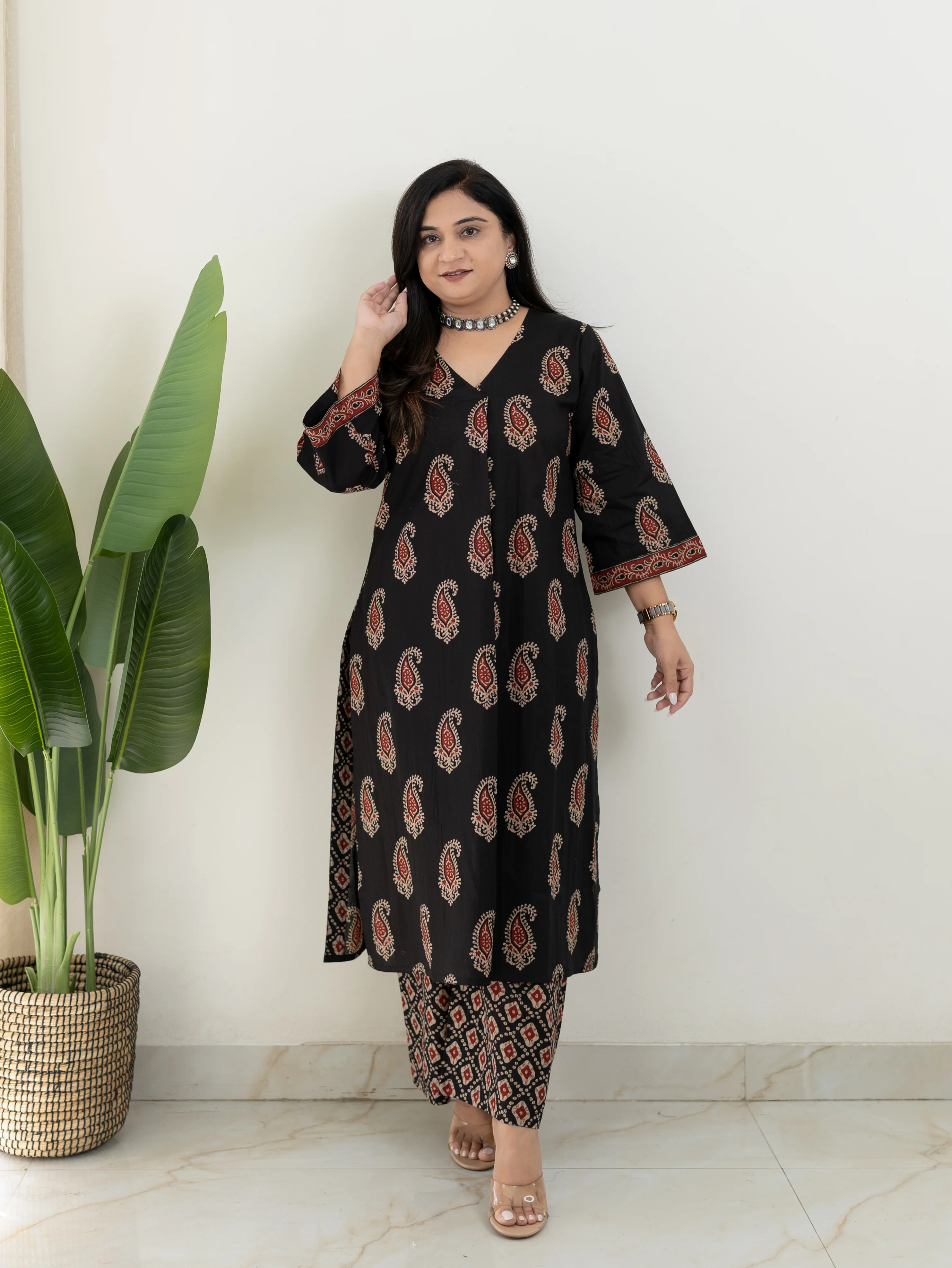 Sara Black Cotton Handblock A-line Kurta Set - Image 6