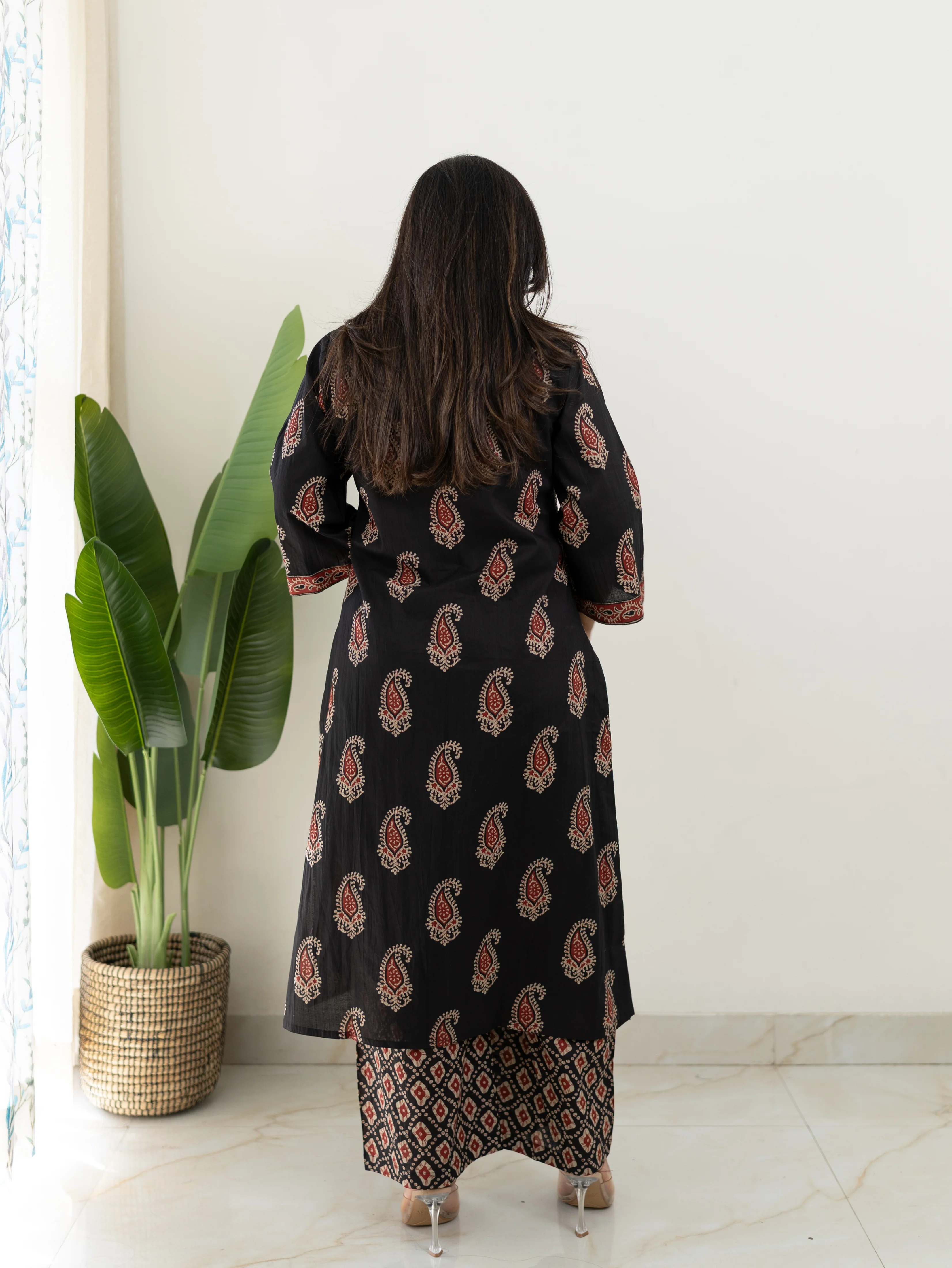 Sara Black Cotton Handblock A-line Kurta Set - Image 7