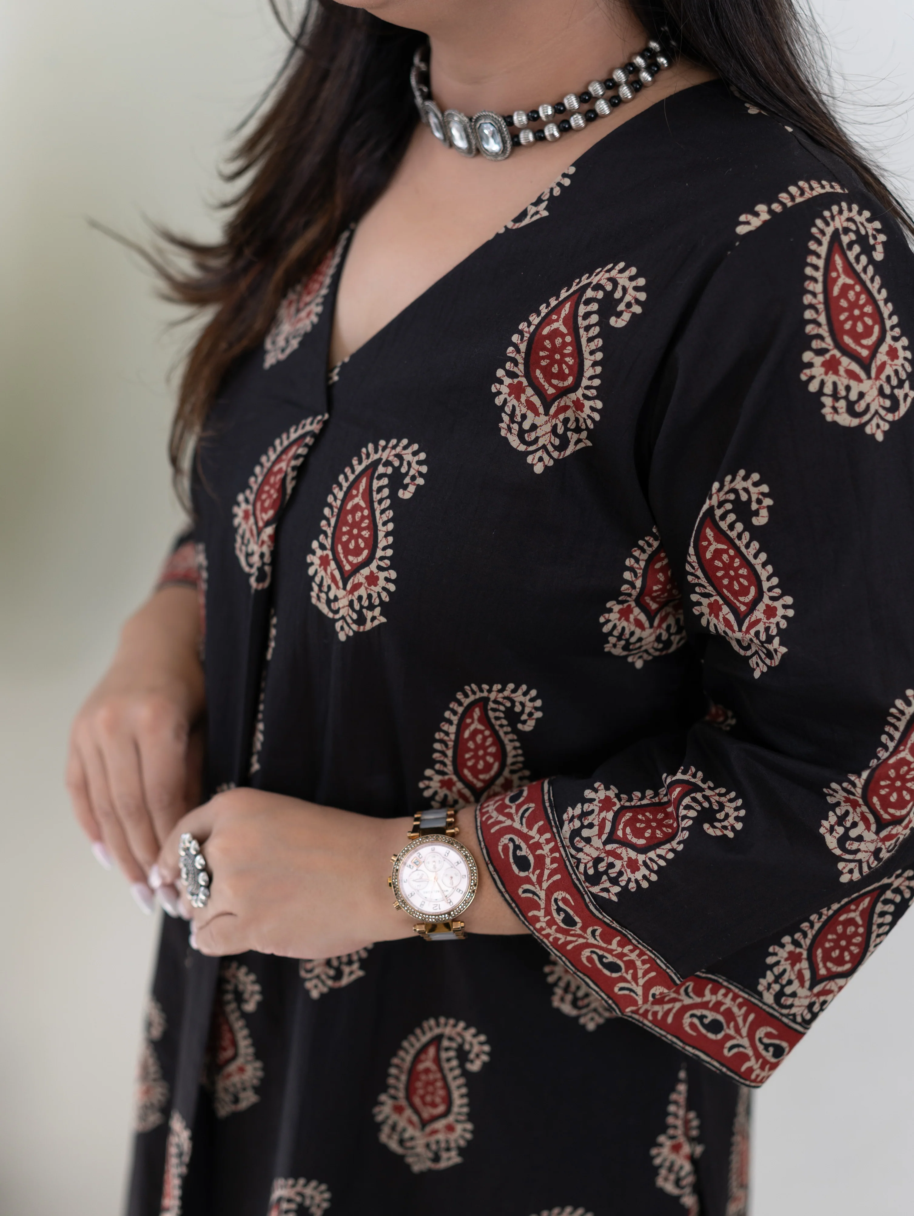 Sara Black Cotton Handblock A-line Kurta Set - Image 8