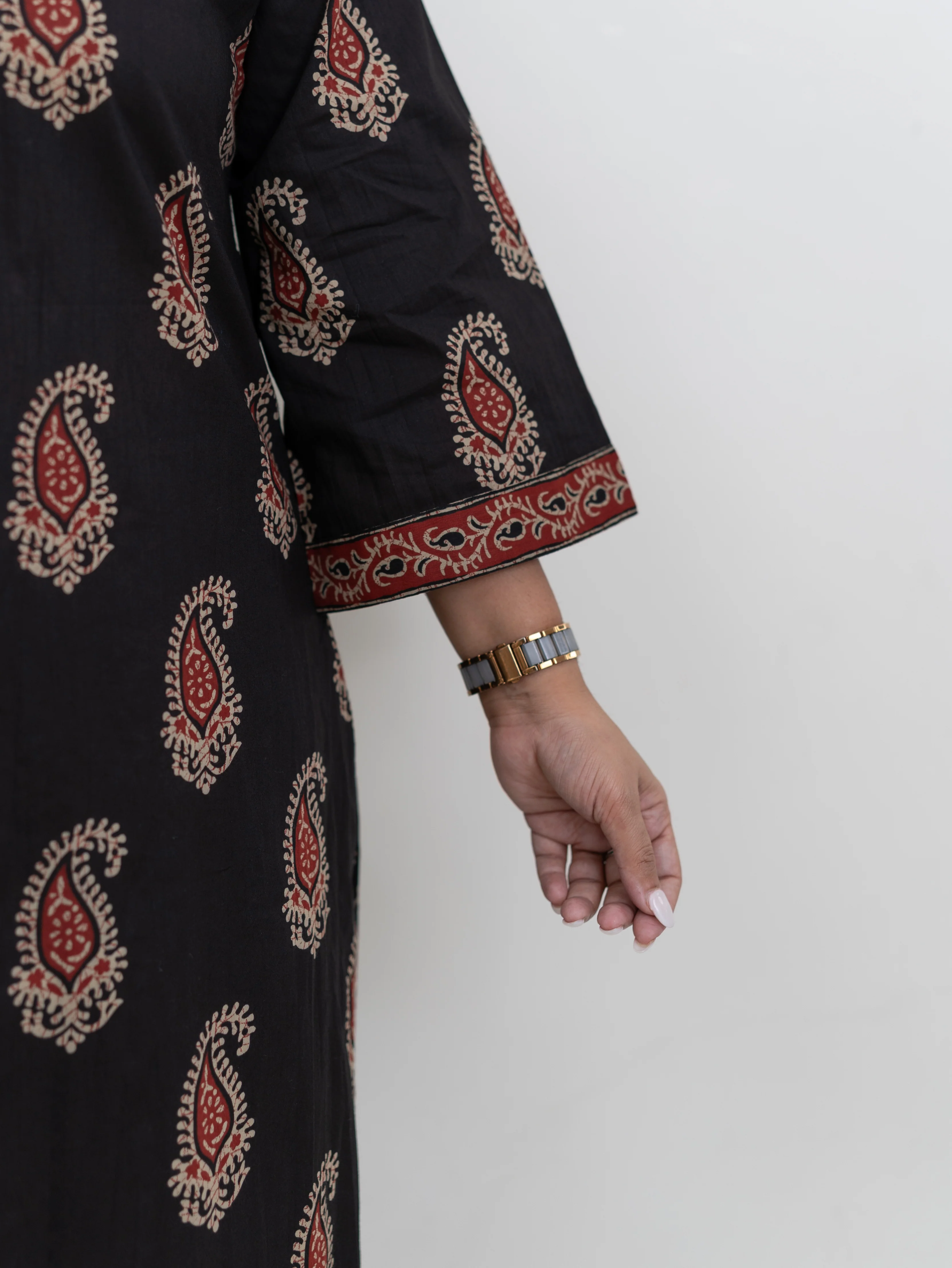 Sara Black Cotton Handblock A-line Kurta Set - Image 9