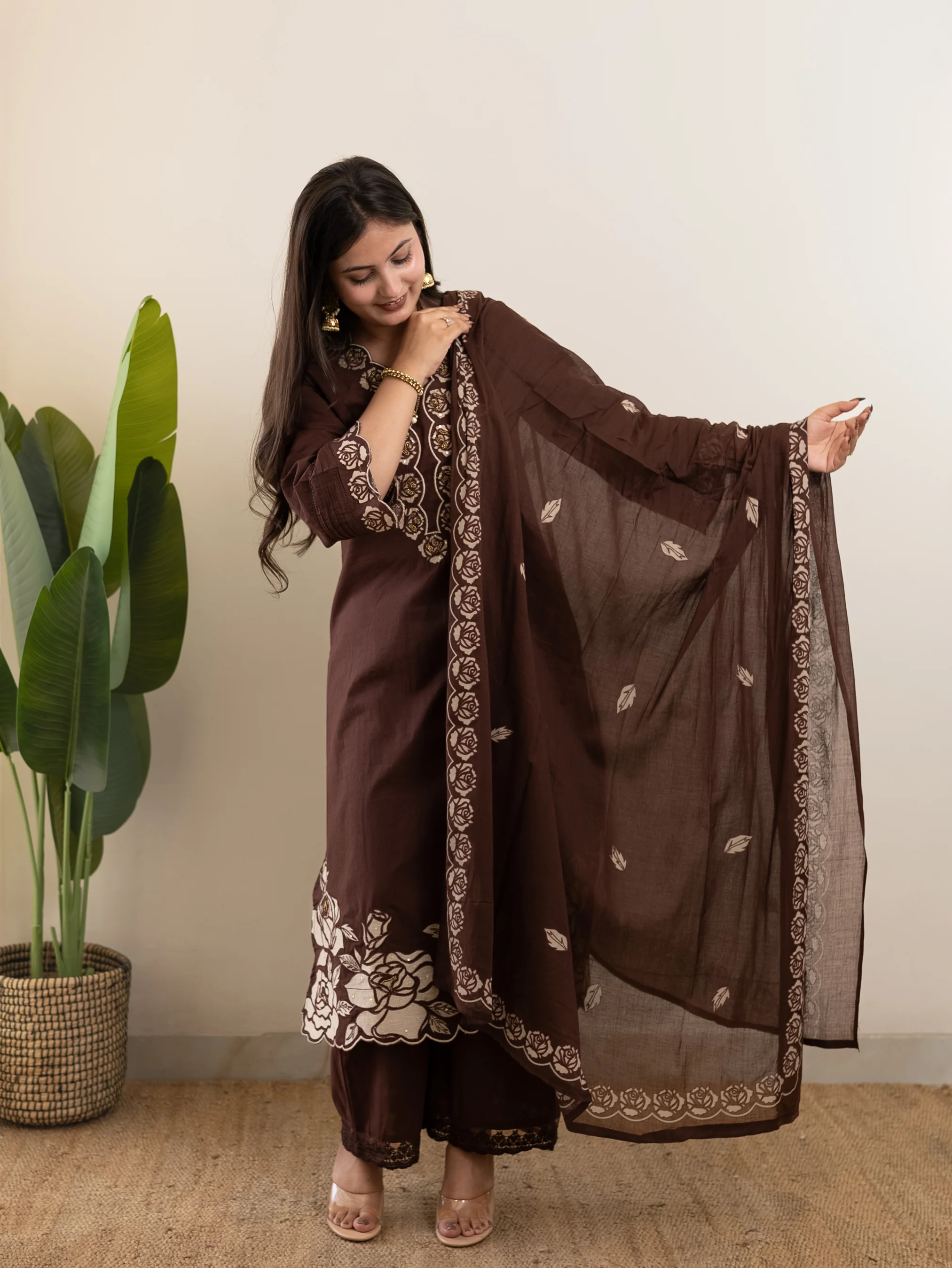Sejal Brown Cotton Cutwork Applique HandEmbroidered Pant set - Image 11