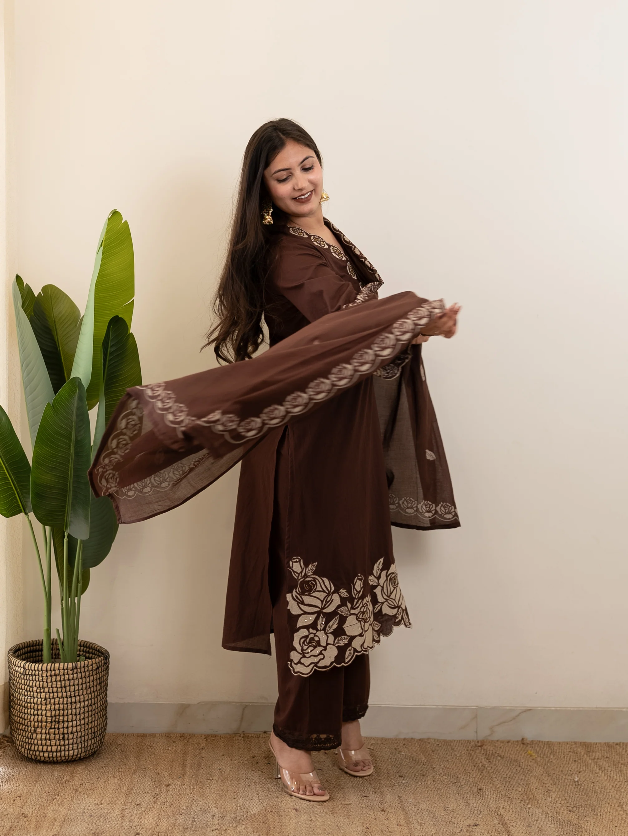 Sejal Brown Cotton Cutwork Applique HandEmbroidered Pant set - Image 3