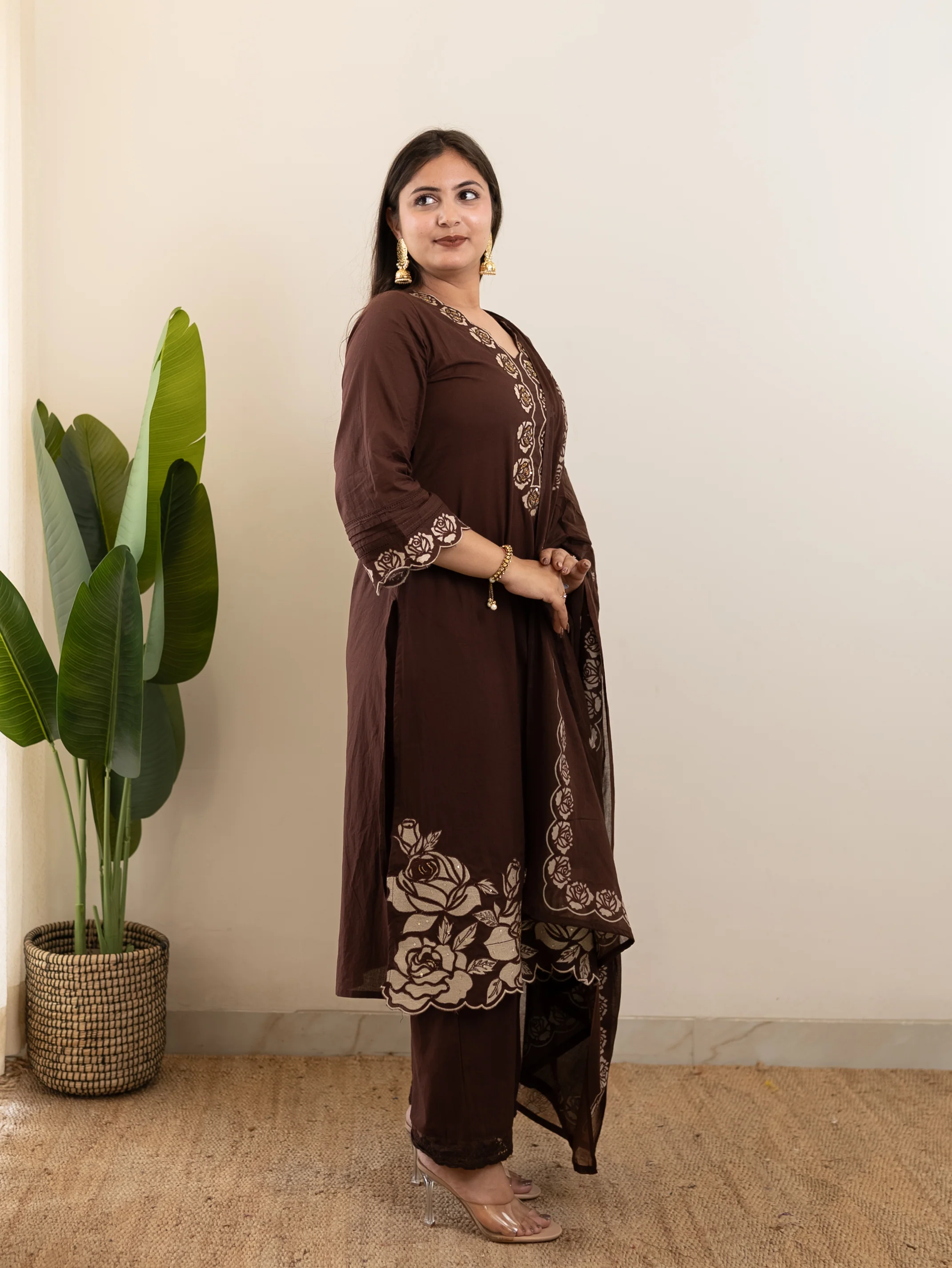Sejal Brown Cotton Cutwork Applique HandEmbroidered Pant set - Image 4