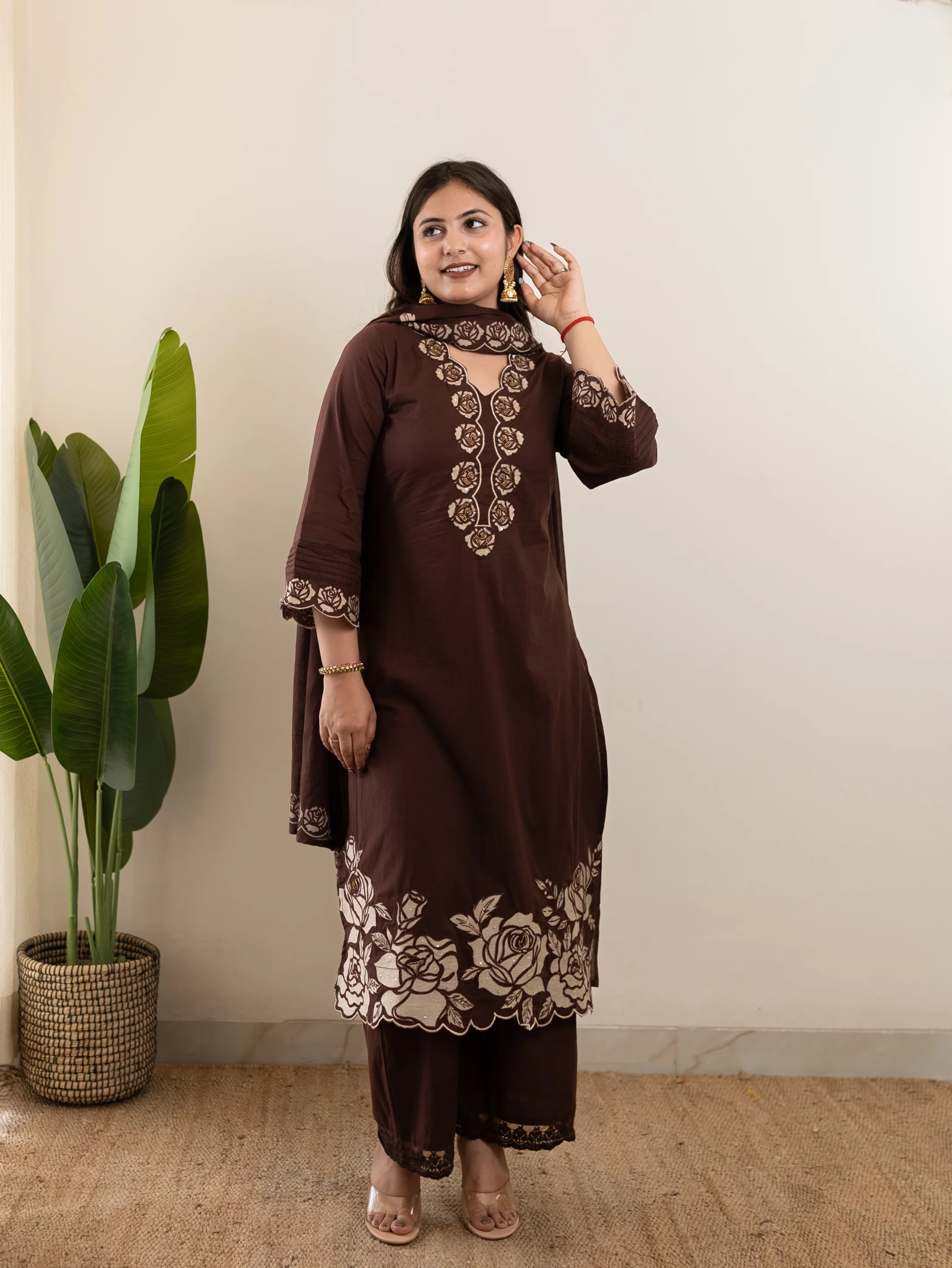 Sejal Brown Cotton Cutwork Applique HandEmbroidered Pant set - Image 9