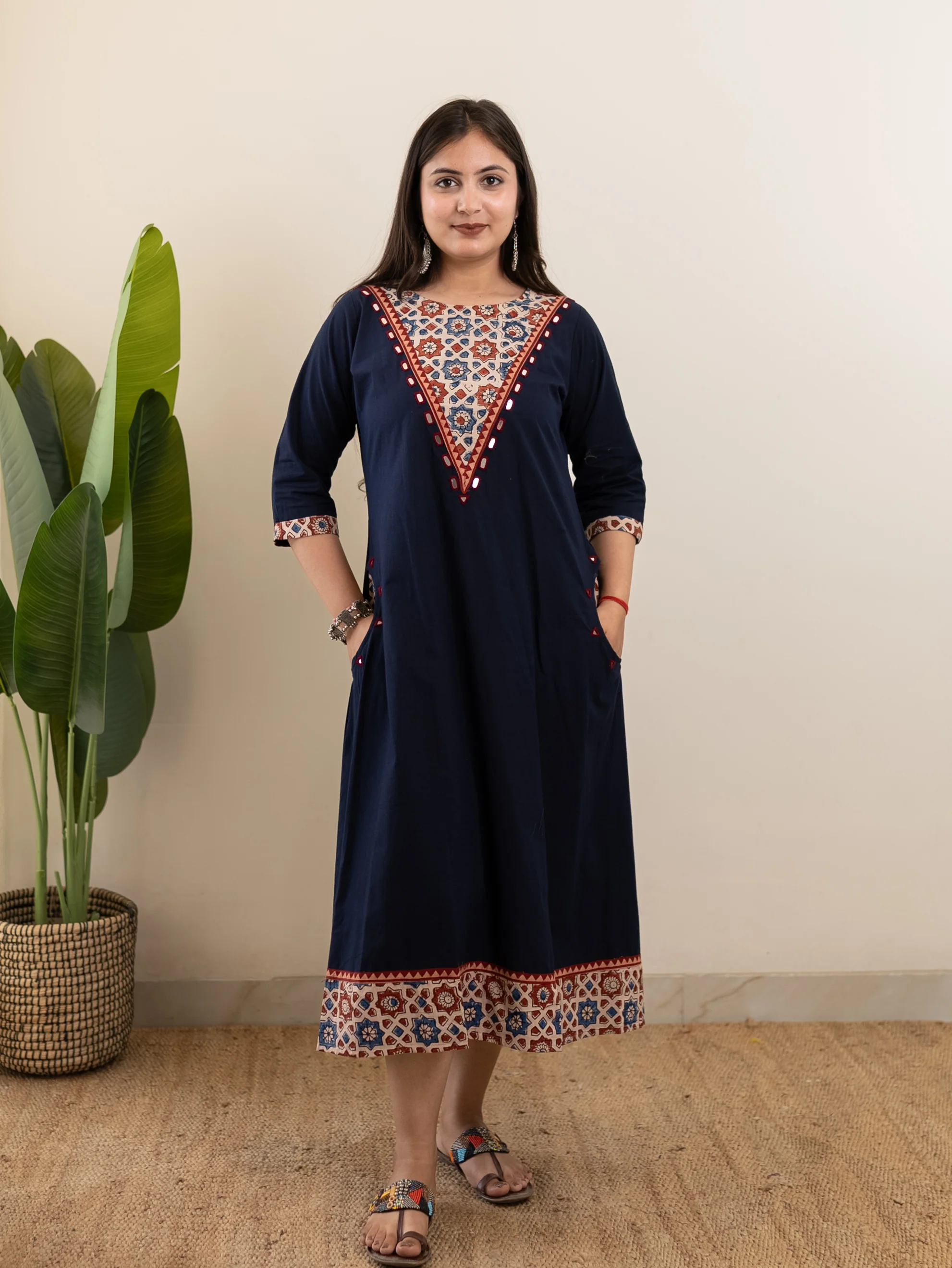 Sifra Blue Cotton Ajrakh Embroidered A-line Kurta - Image 2