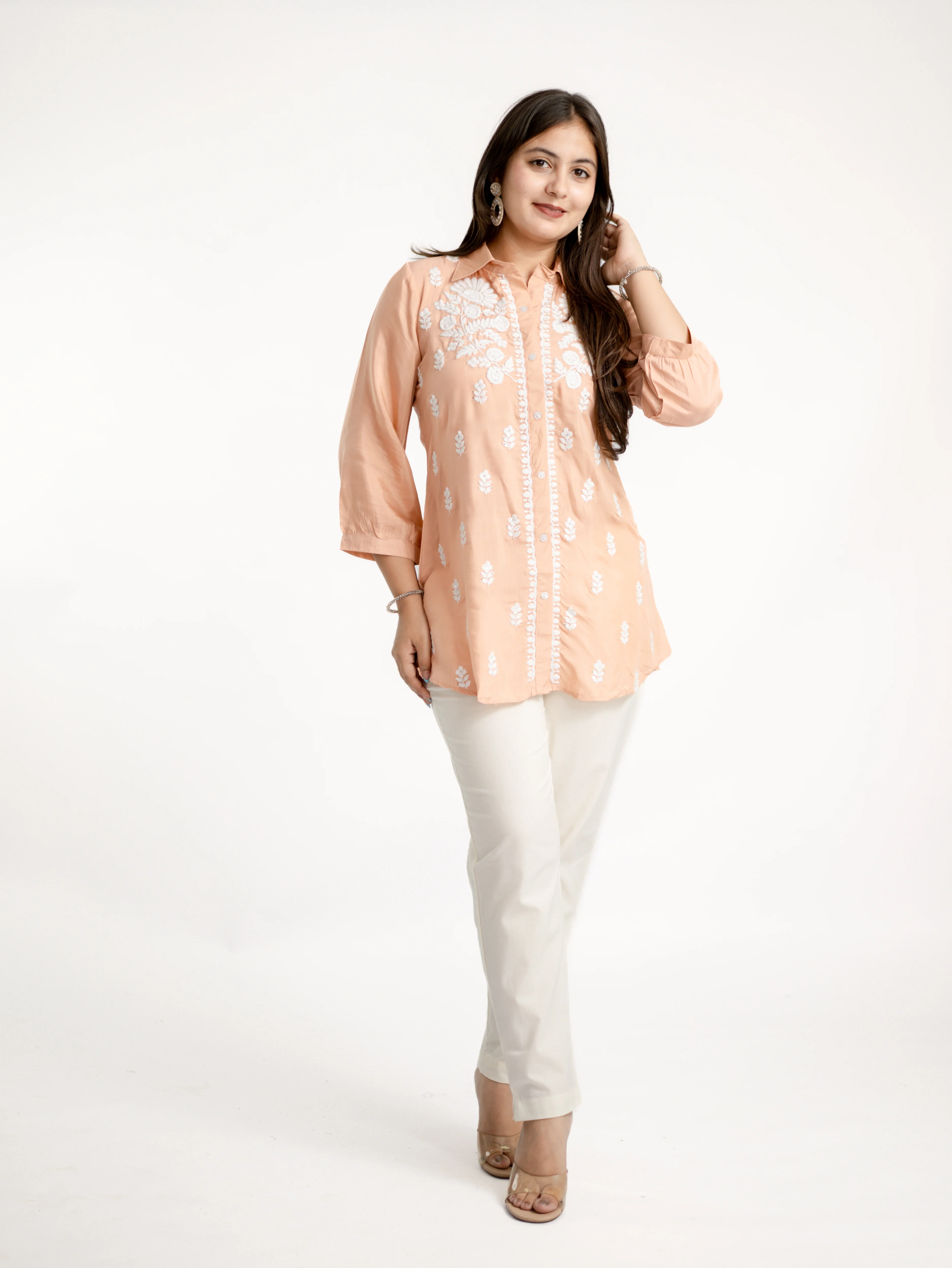 Sirya Peach Muslin Lucknowi Embroidered Short Top - Image 3