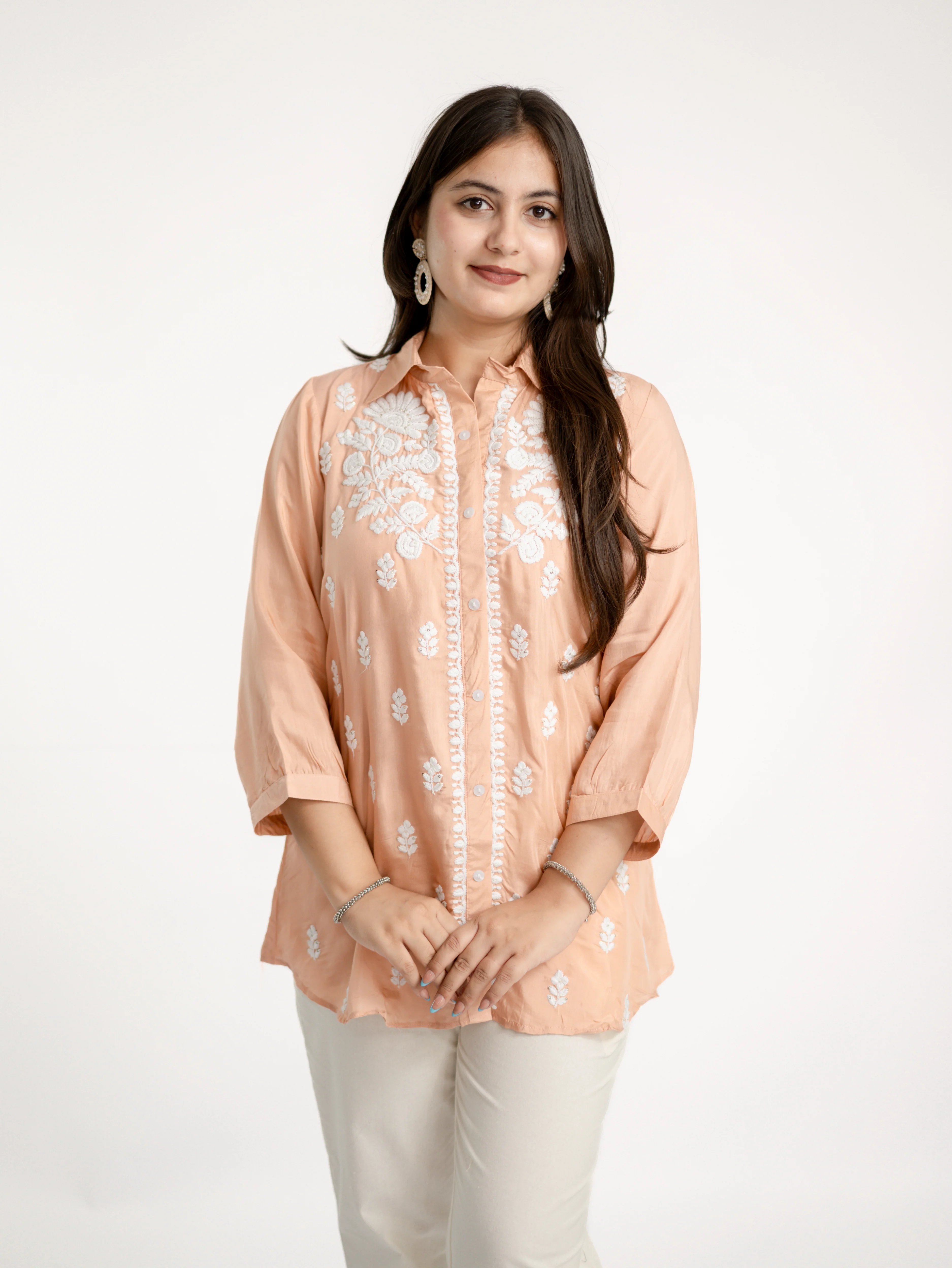 Sirya Peach Muslin Lucknowi Embroidered Short Top - Image 4