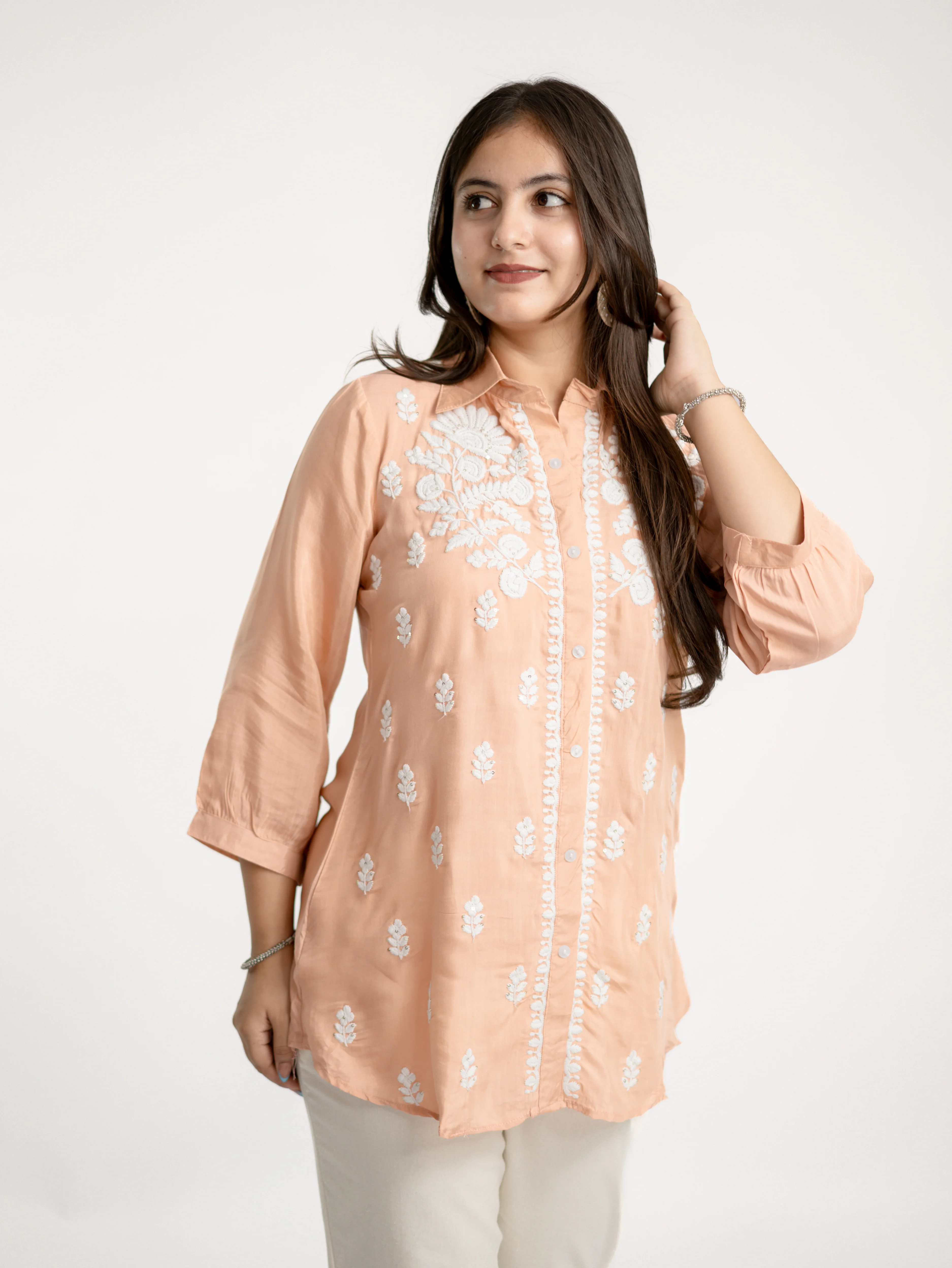 Sirya Peach Muslin Lucknowi Embroidered Short Top - Image 5