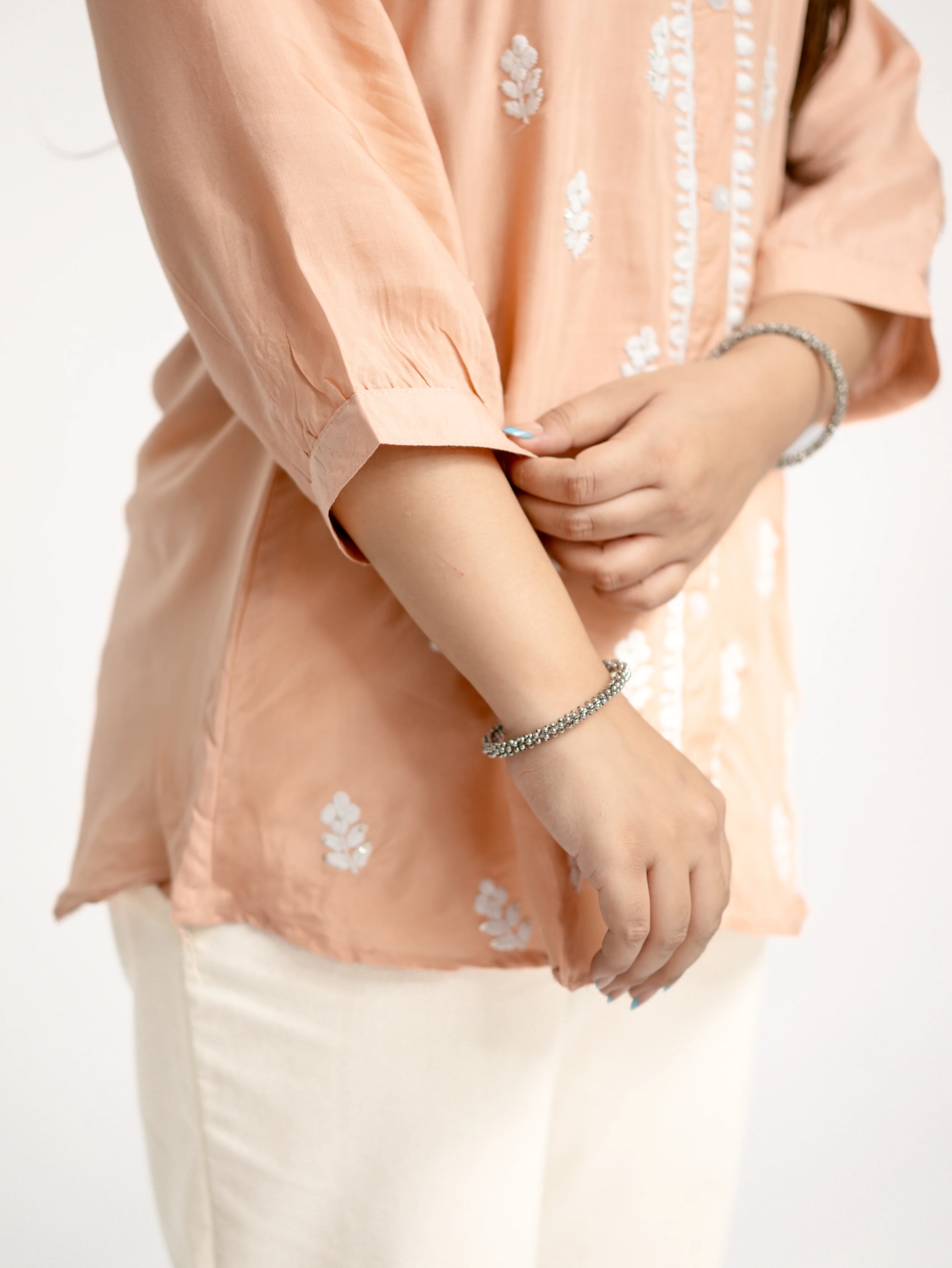 Sirya Peach Muslin Lucknowi Embroidered Short Top - Image 7