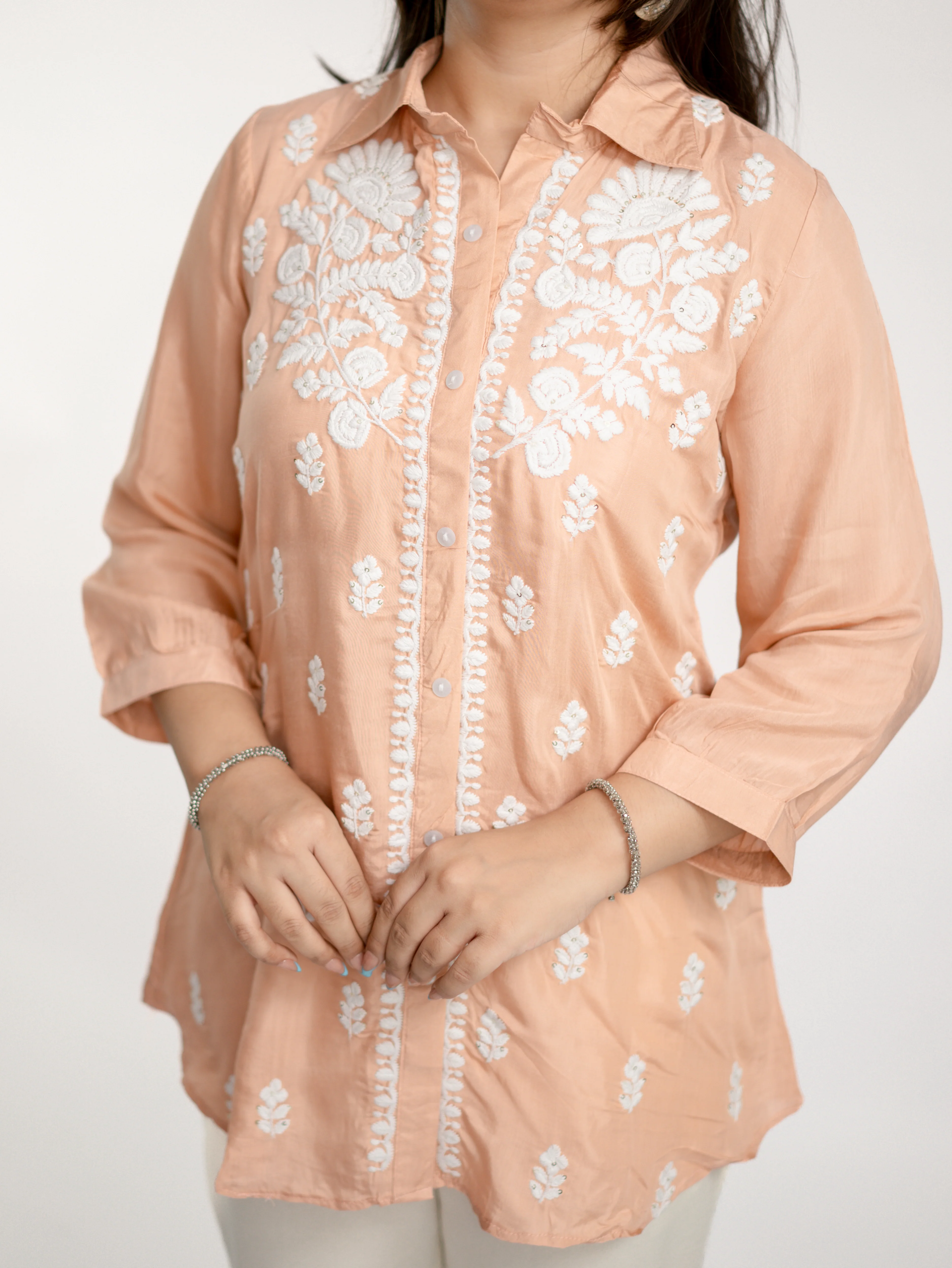 Sirya Peach Muslin Lucknowi Embroidered Short Top - Image 8