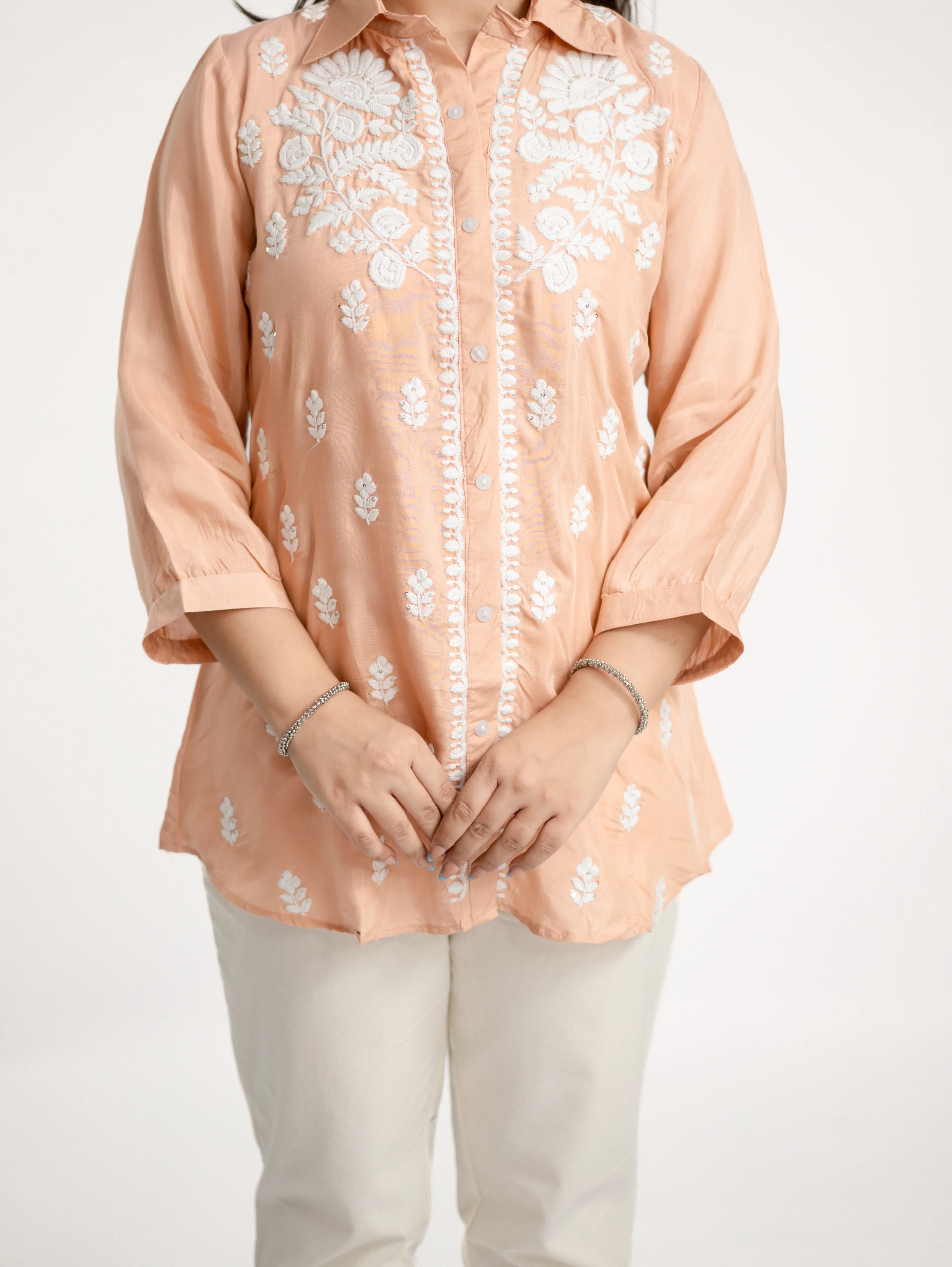 Sirya Peach Muslin Lucknowi Embroidered Short Top - Image 9
