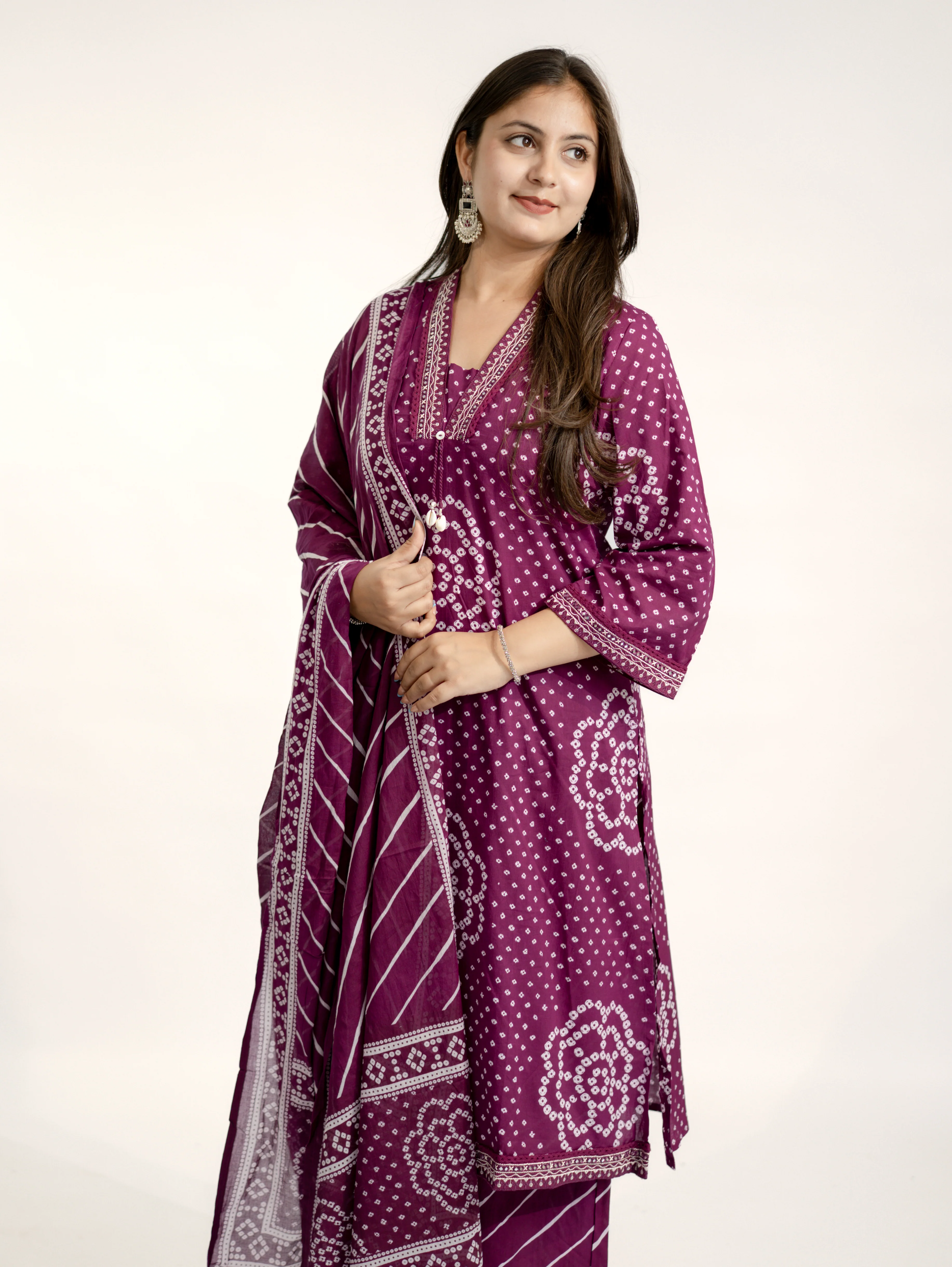 Srisha Wine Cotton Bandhani Leheriya Dupatta Set - Image 11