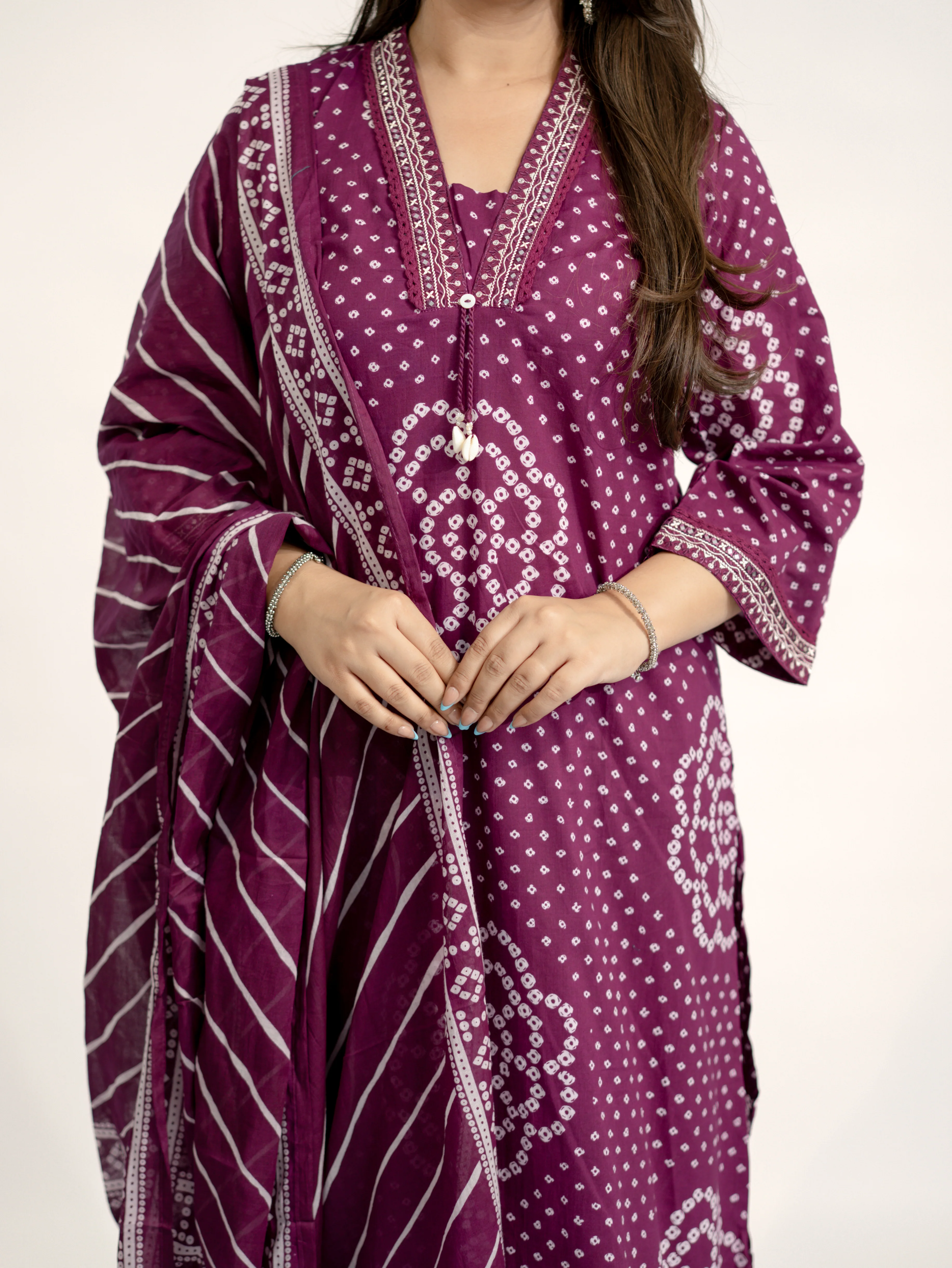Srisha Wine Cotton Bandhani Leheriya Dupatta Set - Image 14