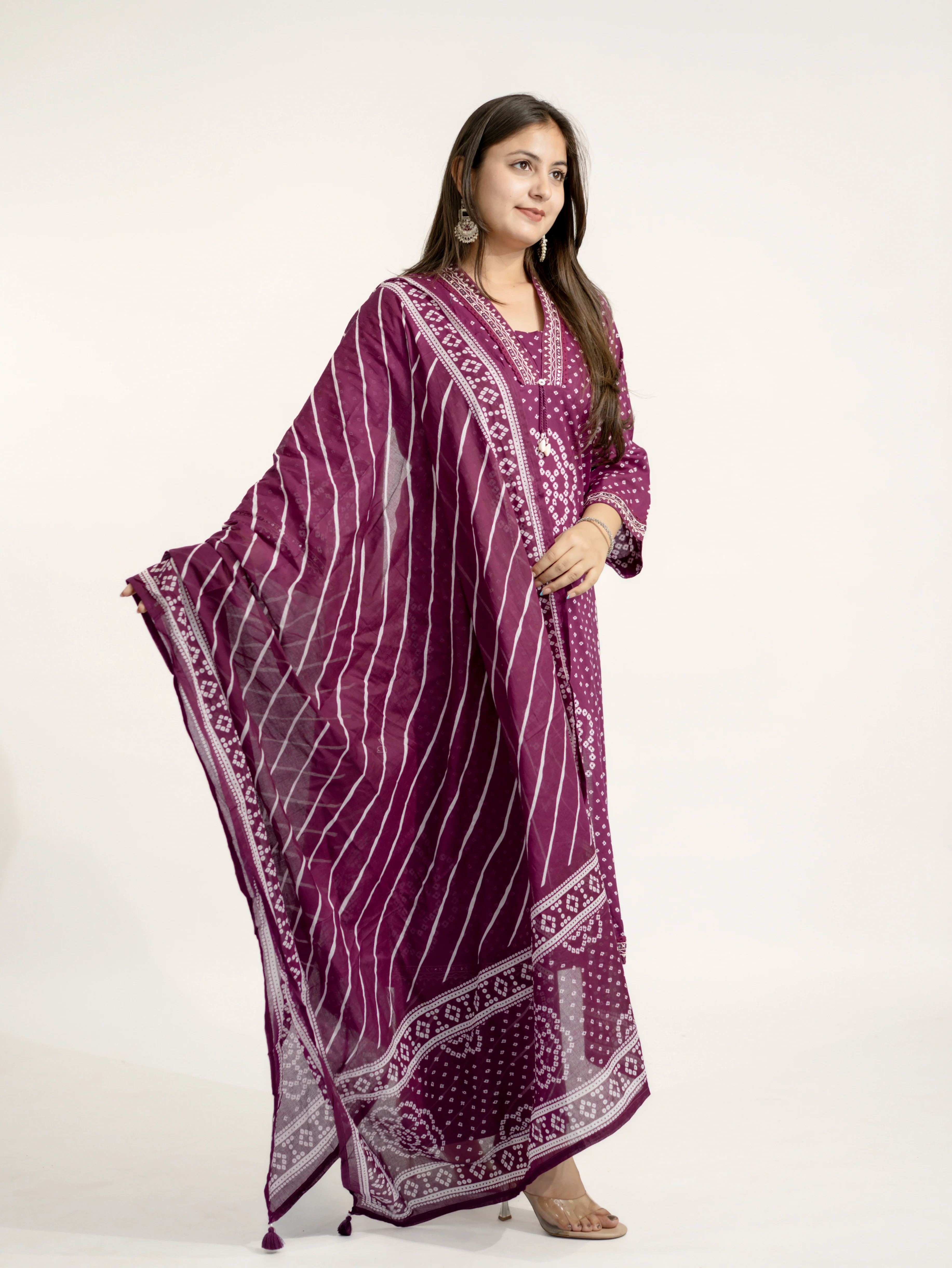 Srisha Wine Cotton Bandhani Leheriya Dupatta Set - Image 3