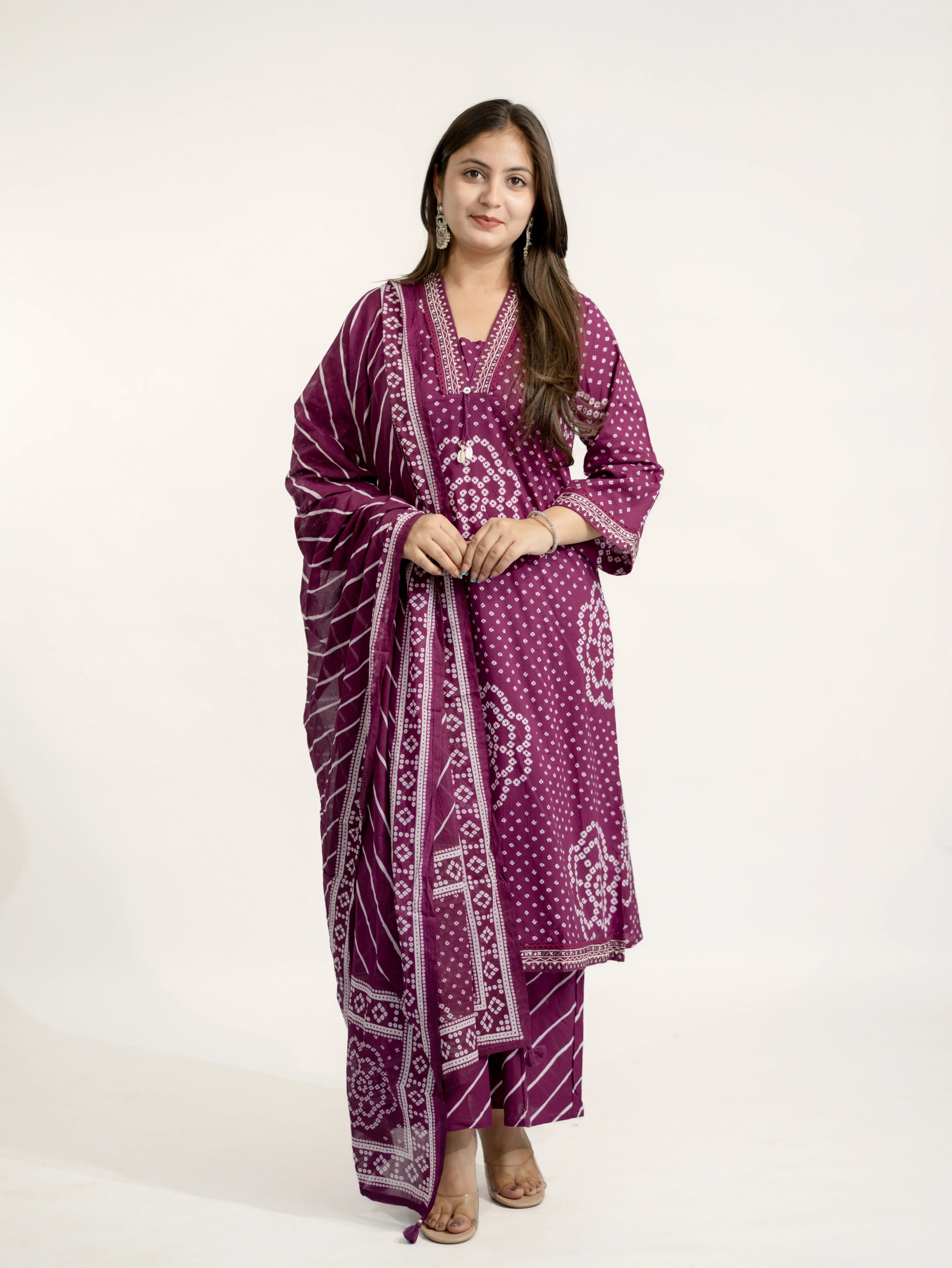 Srisha Wine Cotton Bandhani Leheriya Dupatta Set - Image 4