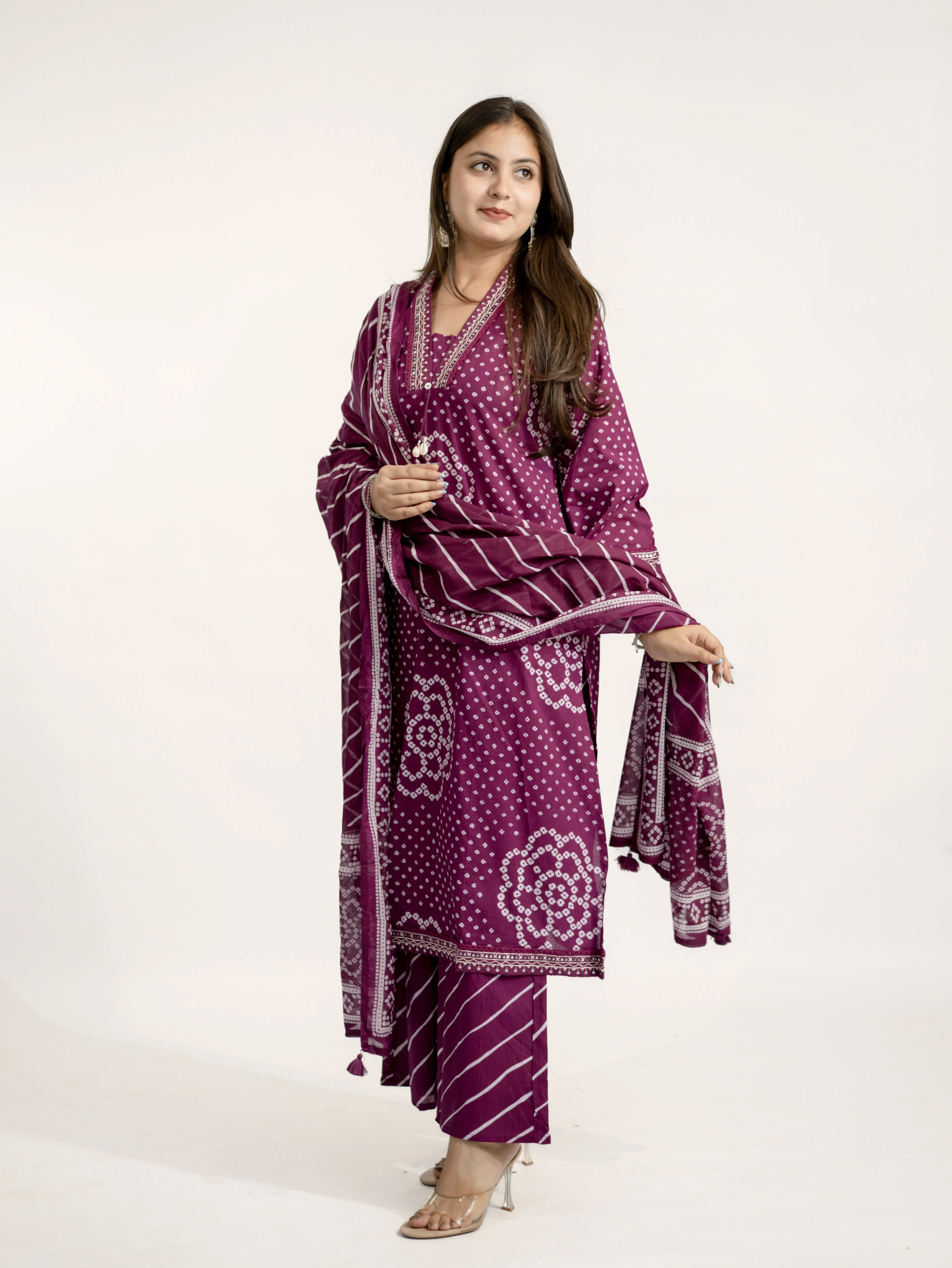 Srisha Wine Cotton Bandhani Leheriya Dupatta Set - Image 5