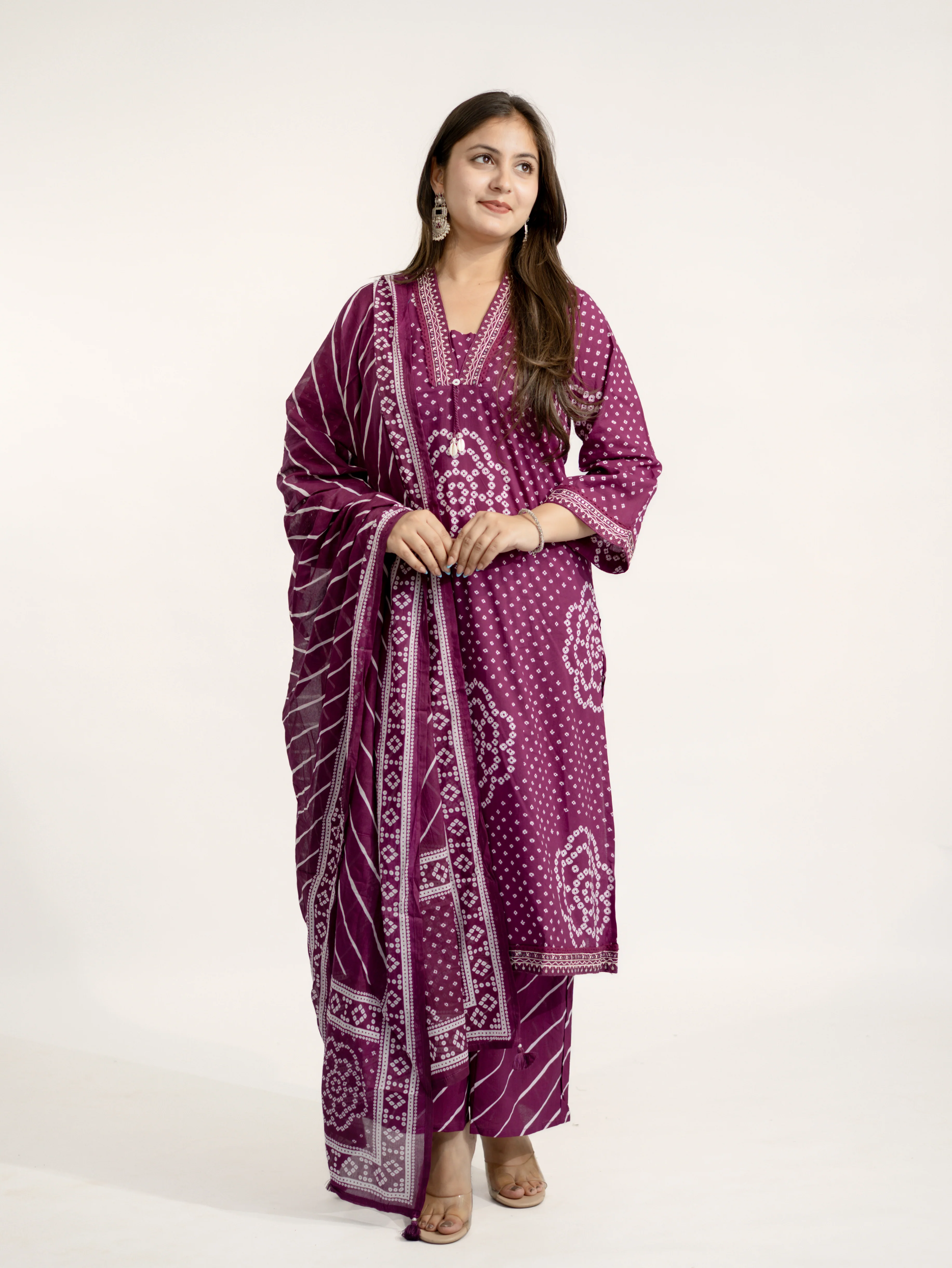 Srisha Wine Cotton Bandhani Leheriya Dupatta Set - Image 6