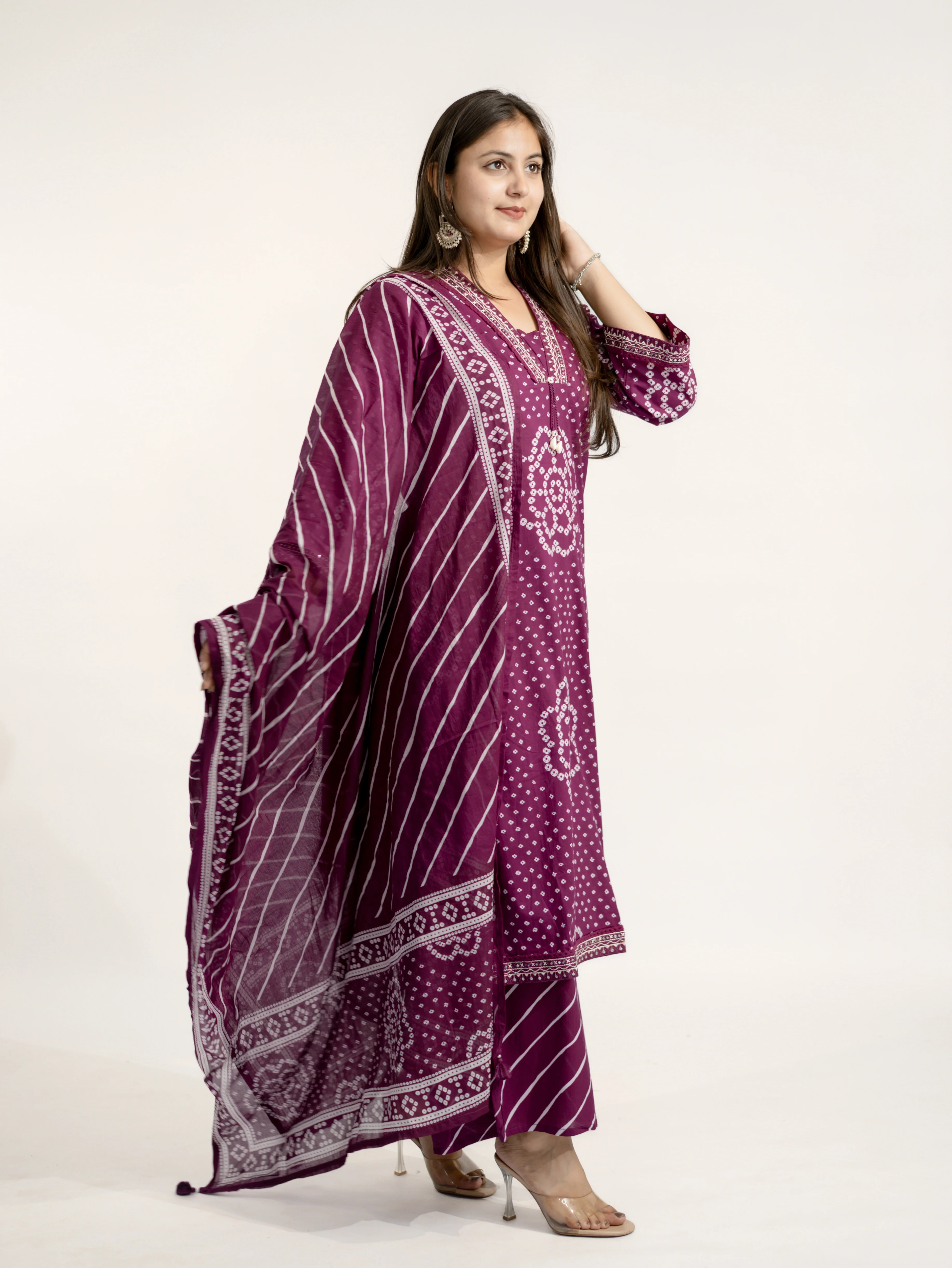 Srisha Wine Cotton Bandhani Leheriya Dupatta Set - Image 7