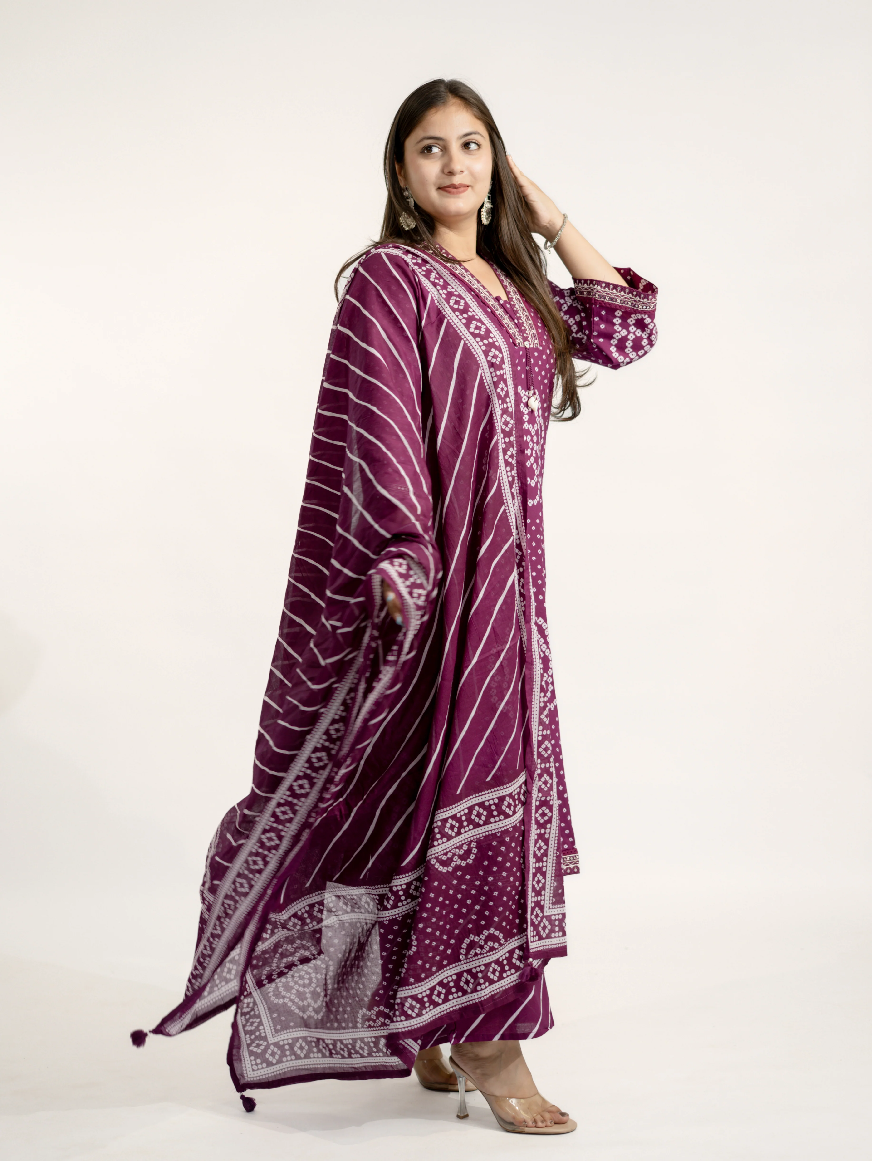 Srisha Wine Cotton Bandhani Leheriya Dupatta Set - Image 8