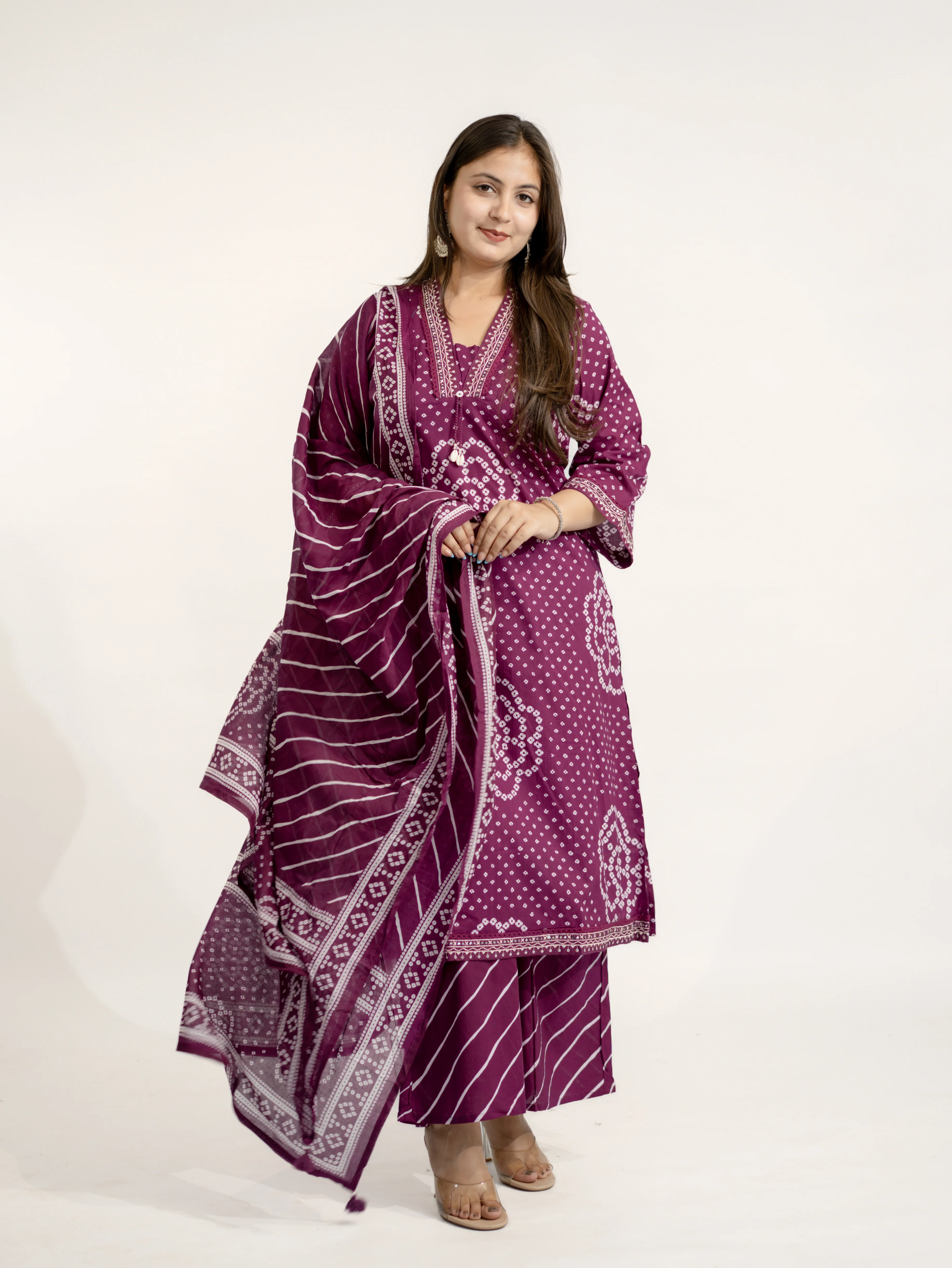 Srisha Wine Cotton Bandhani Leheriya Dupatta Set - Image 9