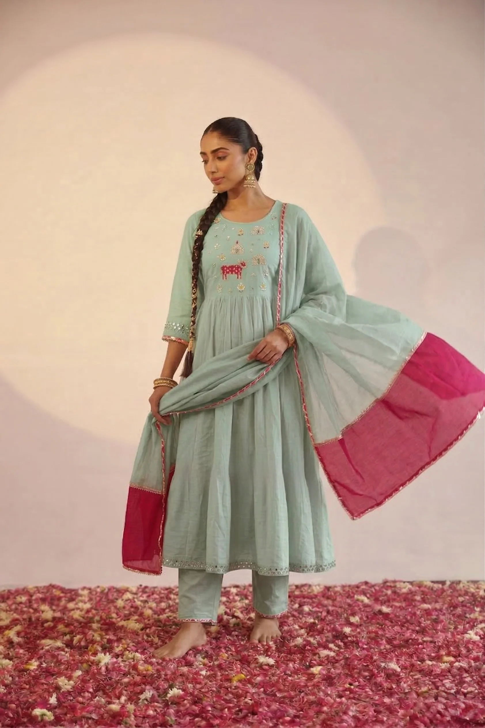 Sufia Green Mul Chanderi Hand Embroidered A-line Dupatta Set - Image 3