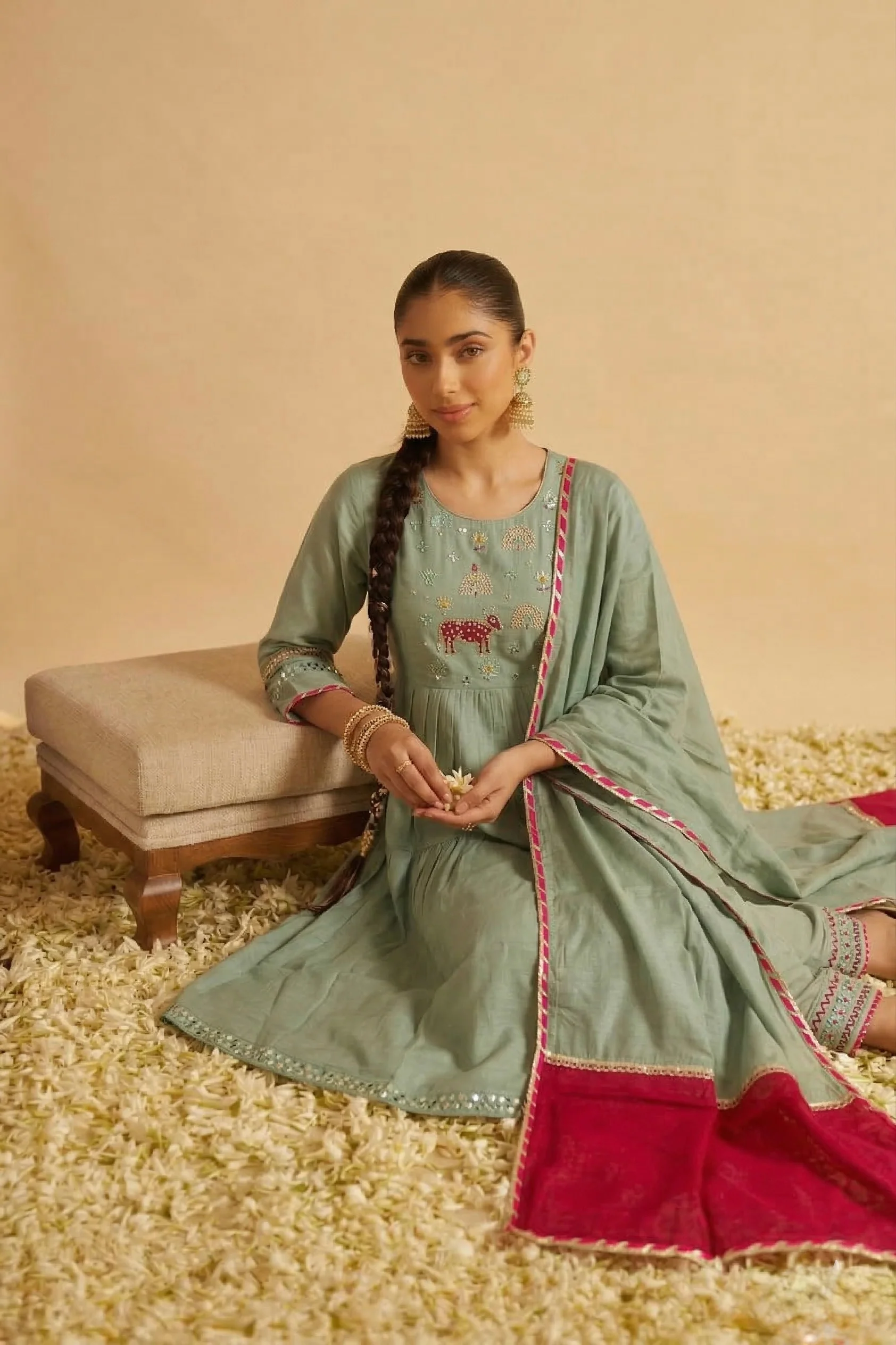 Sufia Green Mul Chanderi Hand Embroidered A-line Dupatta Set - Image 4