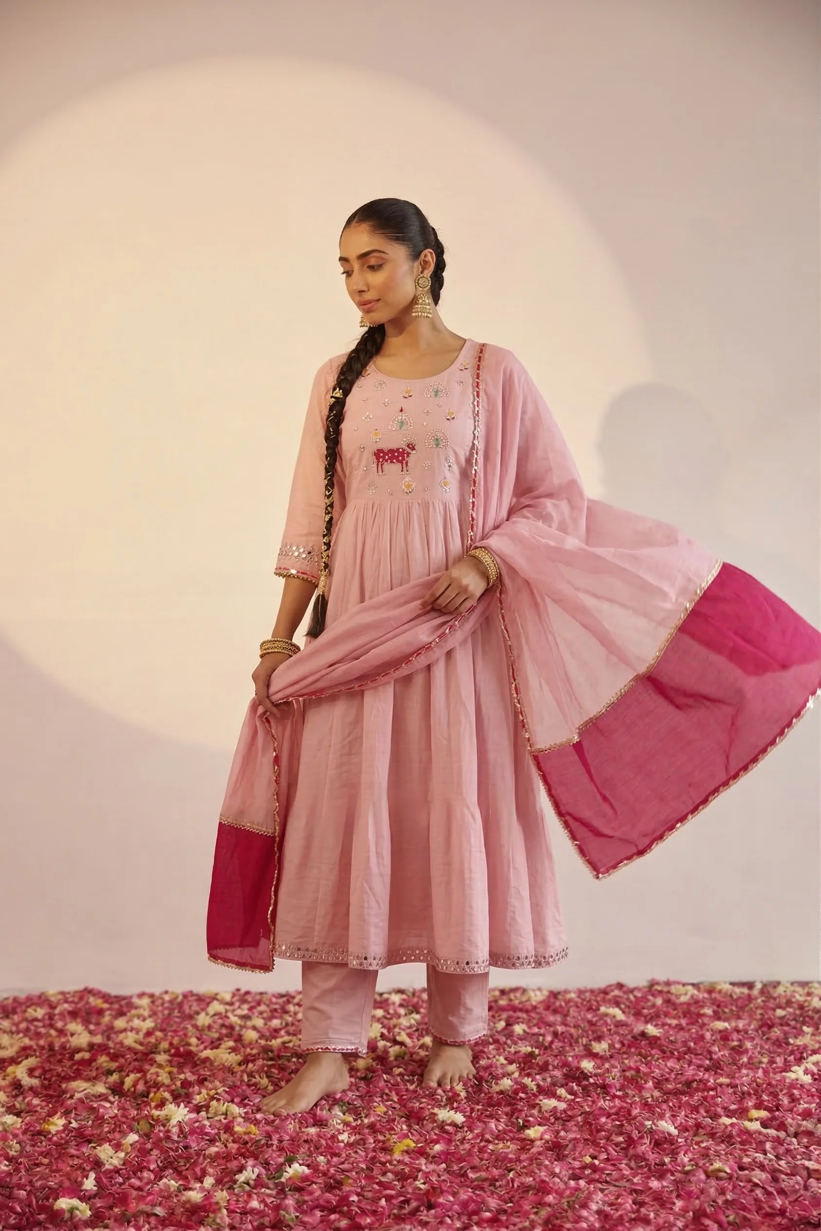 Sufia Pink Mul Chanderi HandEmbroidered A-line Dupatta Set - Image 3