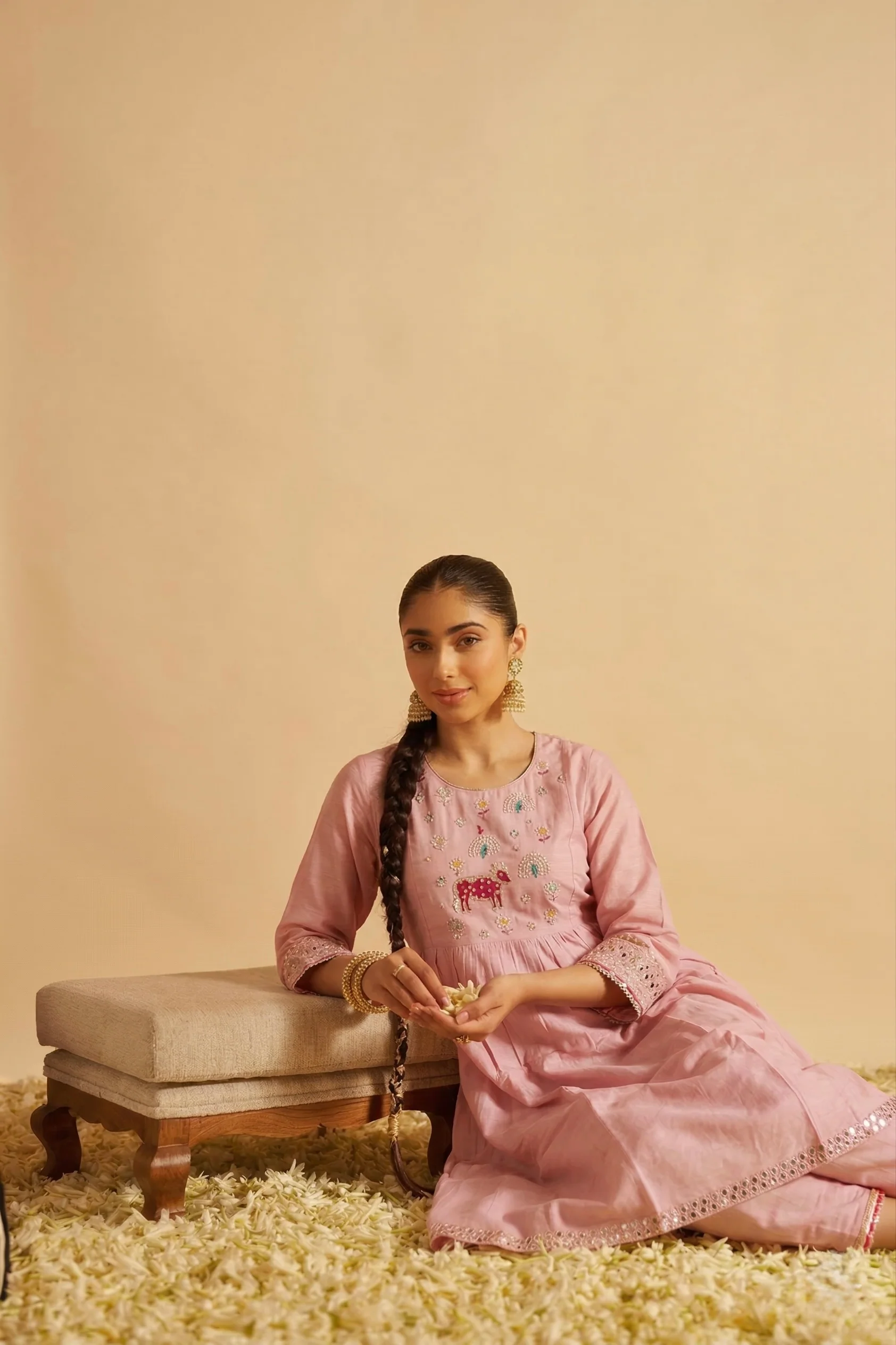Sufia Pink Mul Chanderi HandEmbroidered A-line Dupatta Set - Image 4