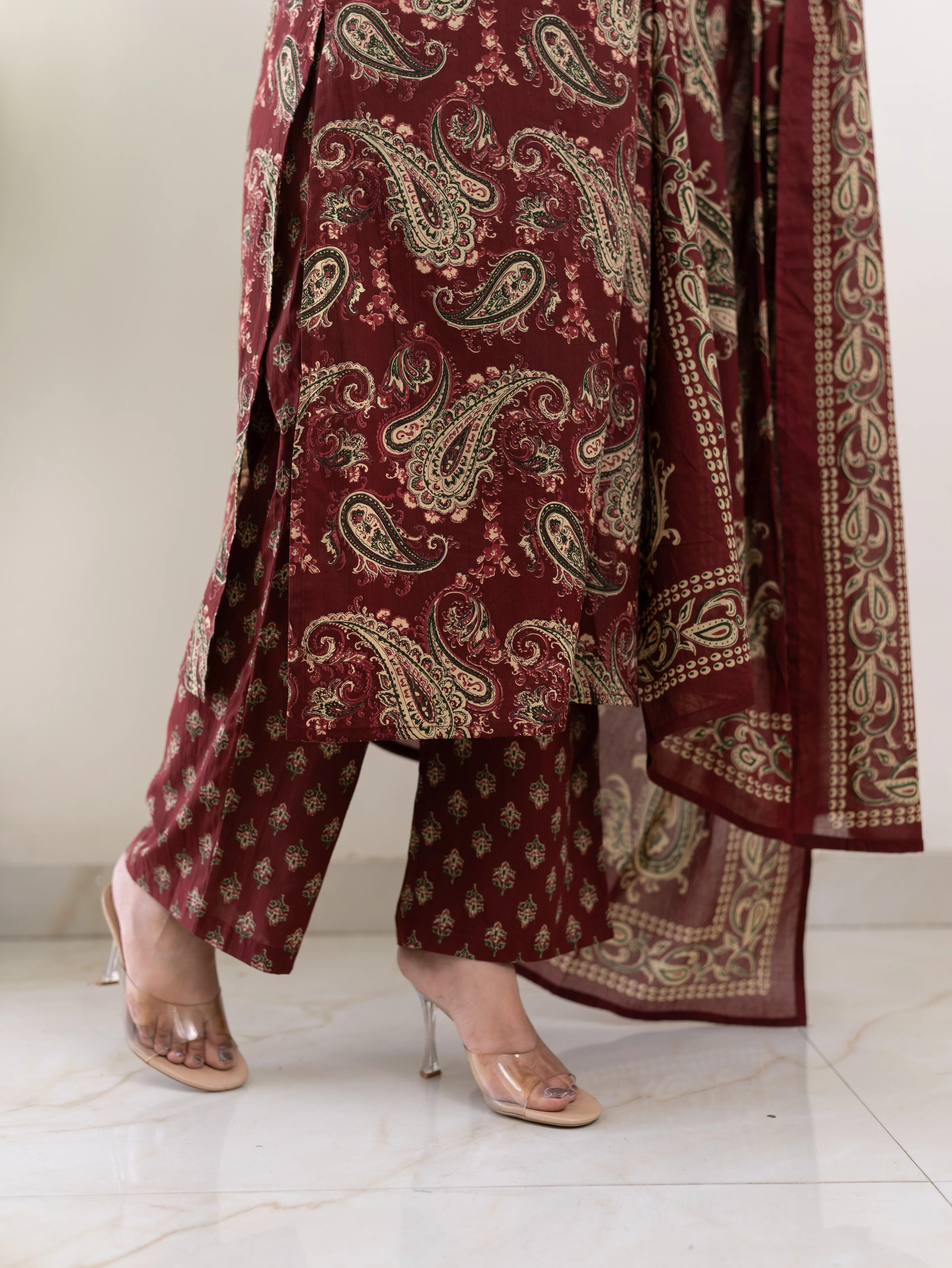 Taya Wine Ajrakh Kalamkari Cotton Embroidered Dupatta set - Image 10